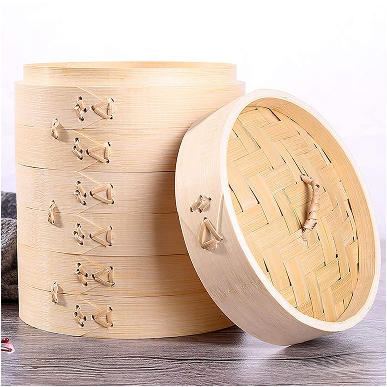 Cesta de vapor de bambú natural de 3 niveles con tapa Suministros de cocina para el hogar Ideal para albóndigas, verduras, pollo, pescado