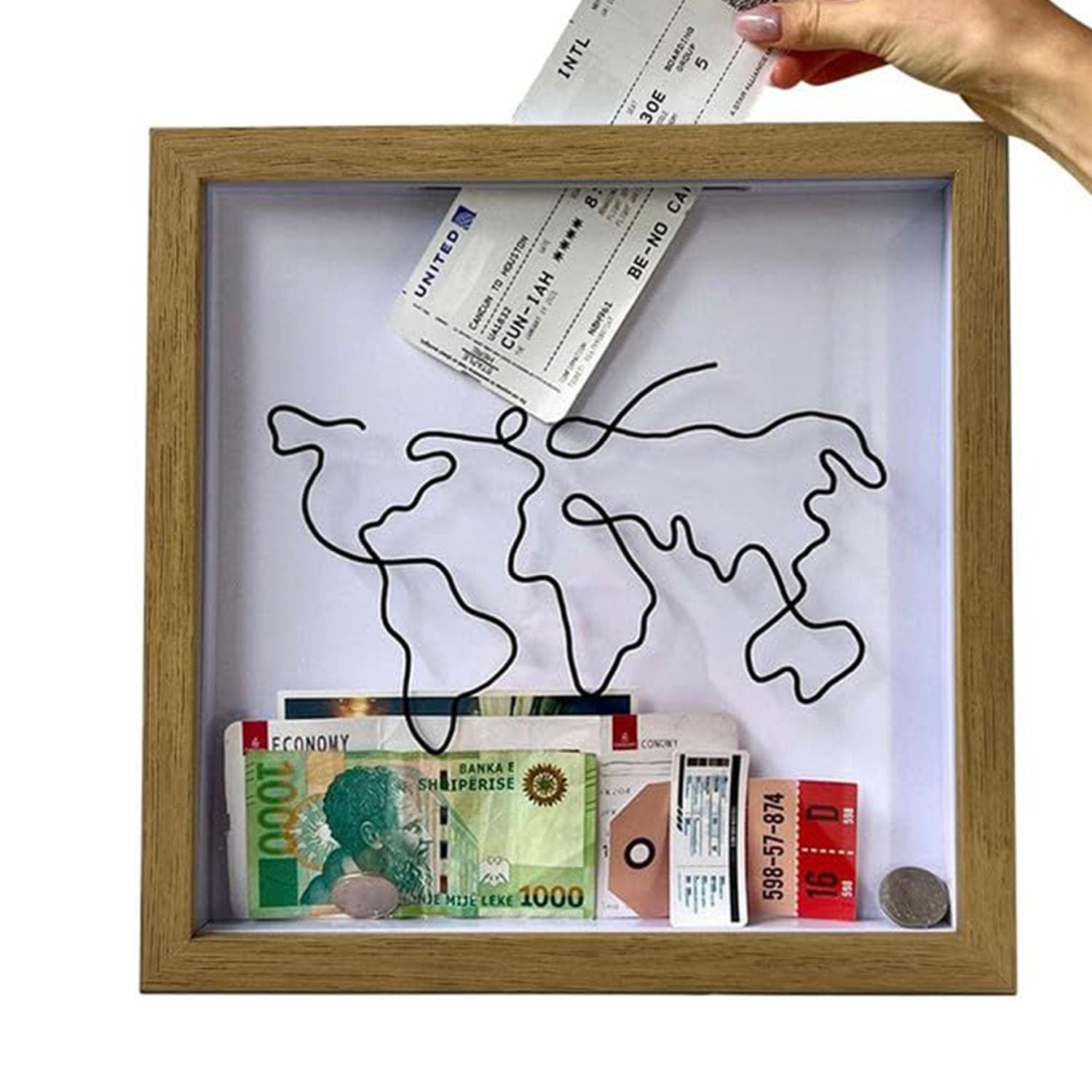 Adventure Archive Box, Travel Adventure Archive Shadow Box, Wood Frame Travel Collection Box, Ticket Shadow Box with World Map and Plane Design, Memory Boxes for Keepsakes