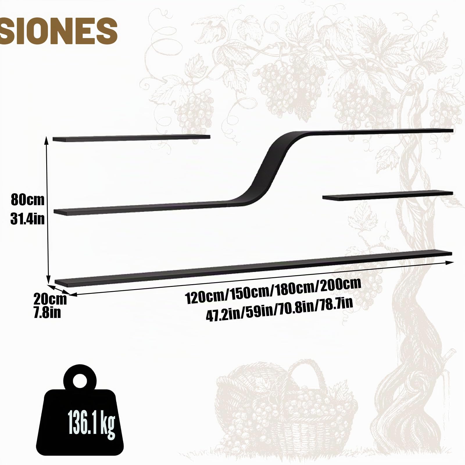 Botellero de Vino Montado en la Pared con Luz LED, Estantes de Vino Decorativo de diseño curvo moderno, 3 Niveles Estante para Exhibición De Vinos, para Bar doméstico, Cocina, Catering (negro, 150cm)