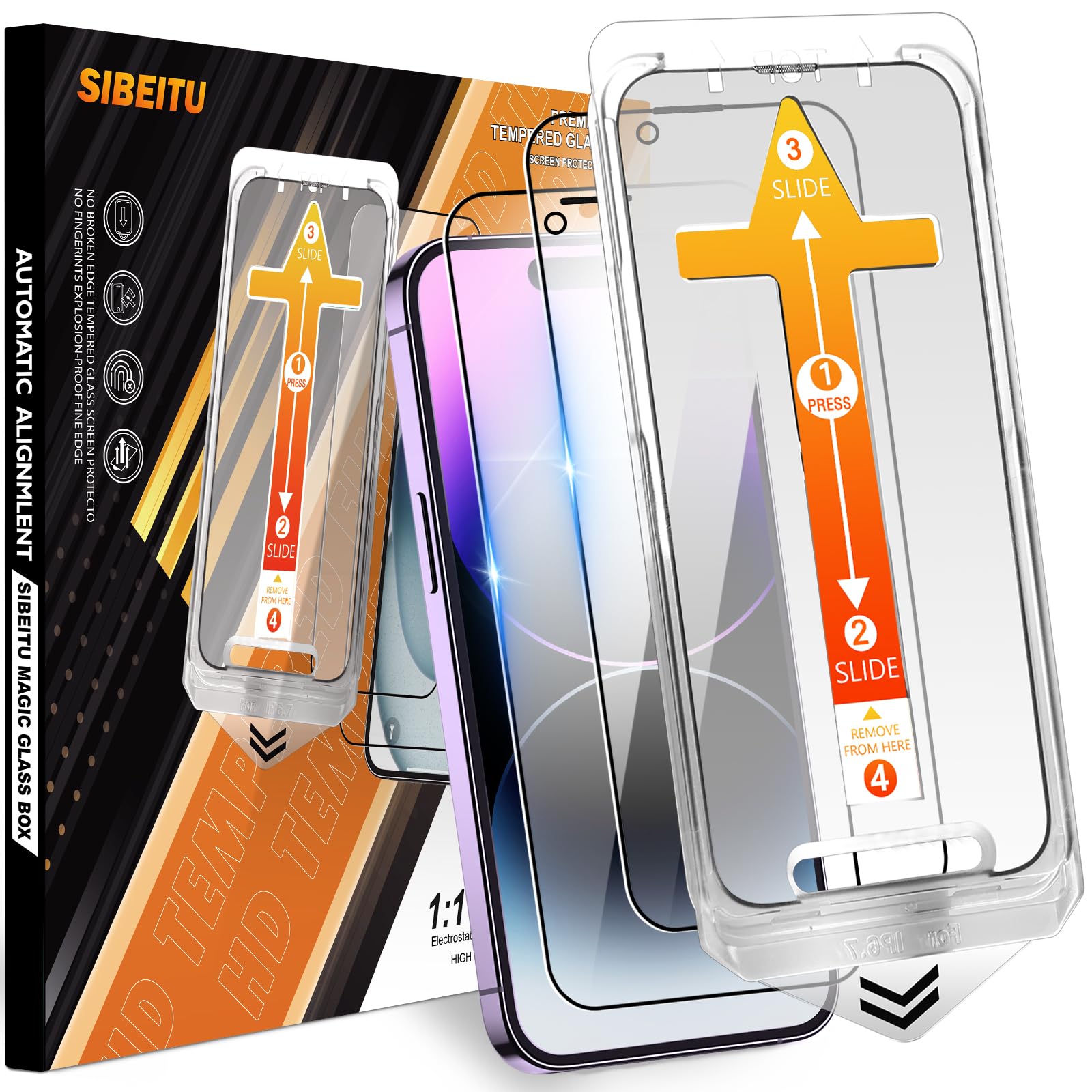 SIBEITU 2-Pack for iPhone 14 Pro Max Screen Protector, [Auto Alignment Kit] 6.7 Inch HD Clear Tempered Glass Film, Case Friendly Anti Scratch, 9H Hardness Auto Dust Removal Installation Protector