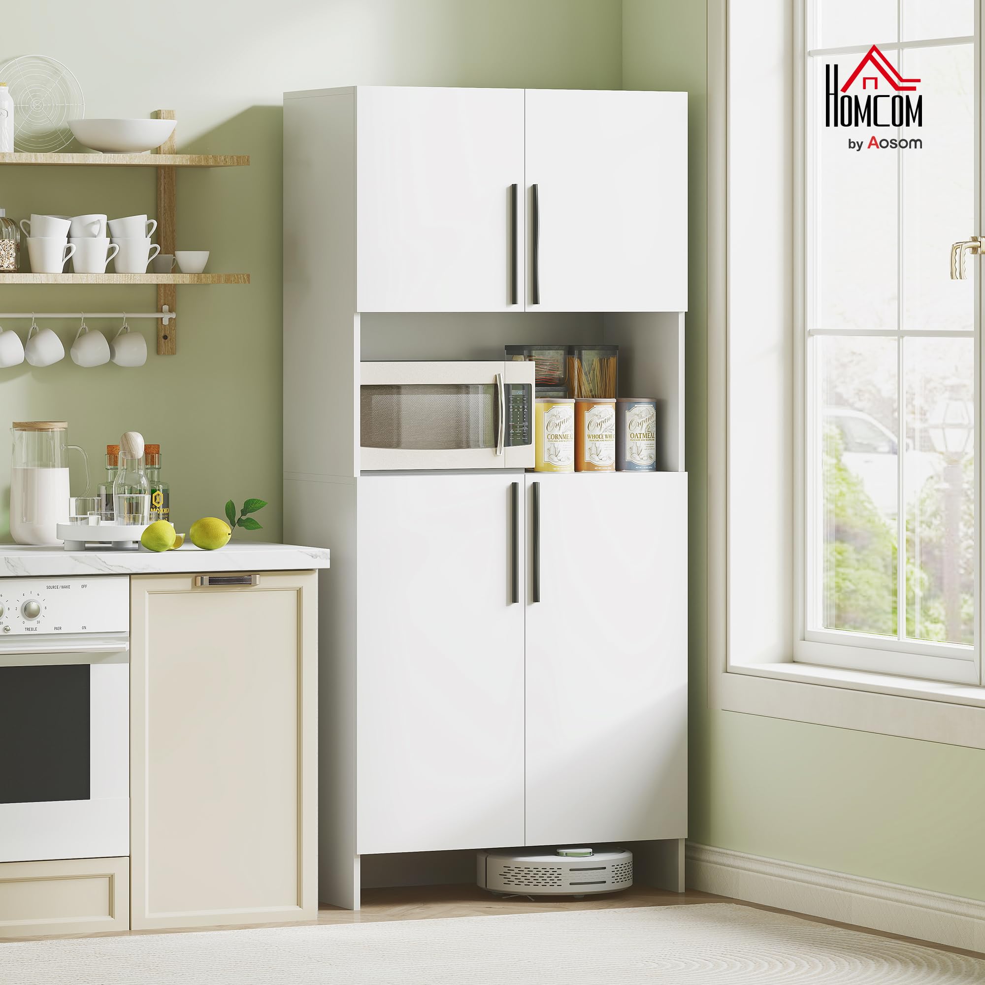 HOMCOM Armoire de Cuisine, Armoire Haute avec Tablette pour Micro-Ondes, Buffet avec Porte Soft-Close, de Rangement Vitrine pour Cuisine Salle à Manger 79x40x175 cm Blanc