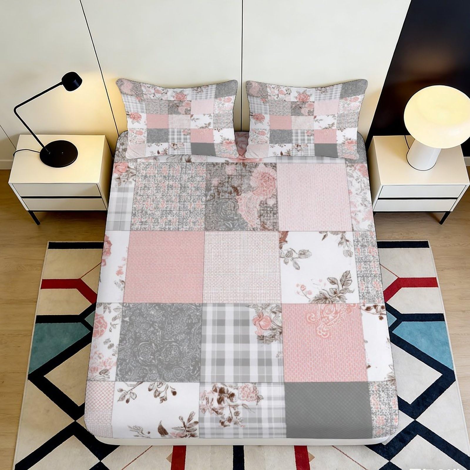 3D Printed Patchwork Floral Fitted Sheet Microfiber Pink Grey Mattress Cover for Bedroom Guest Room Decor Easy Care 90x200x25cm