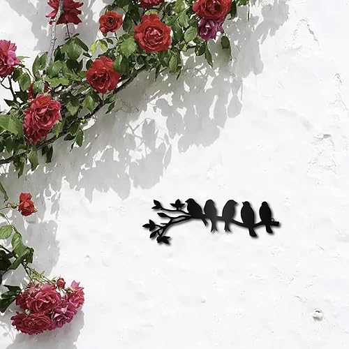 Vista 5 de CREATCABIN Arte de pared de metal con diseño de pájaros en rama, arte de pared de hierro, 5 pájaros, escultura hueca negra, decoración para colgar