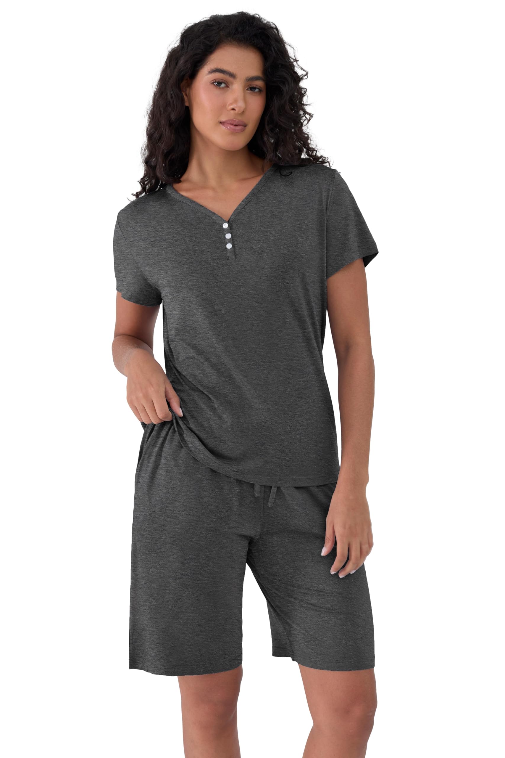 Joyaria Bamboo Viscose Cooling Pajamas for Women - Henley Neck Bermuda Shorts Set - Summer Sleepwear with Moisture Wicki