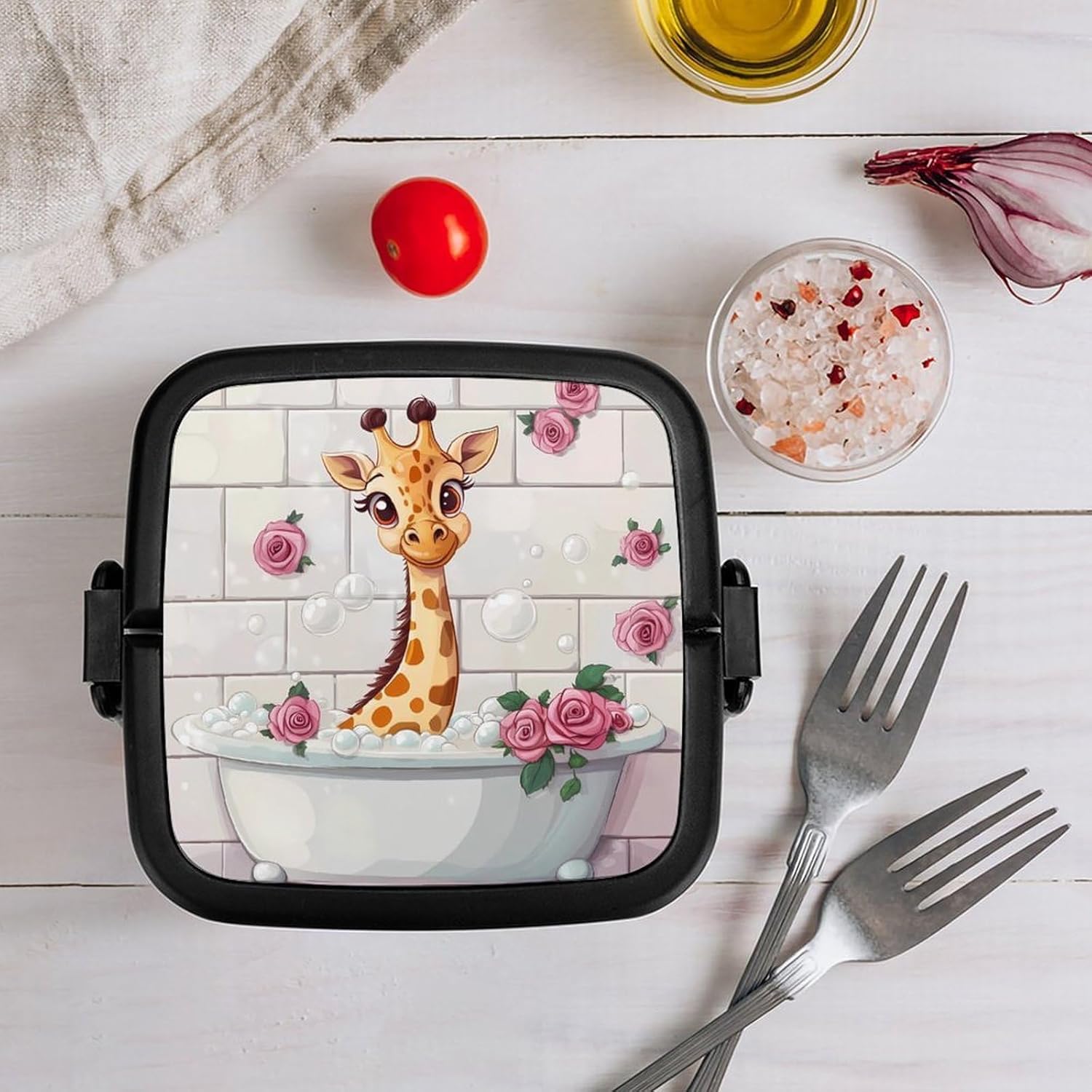 Funny Bathroom Giraffe Bento Box with Spoon 2 Layer Food Container Cute Lunch Box for Travel Dining Work