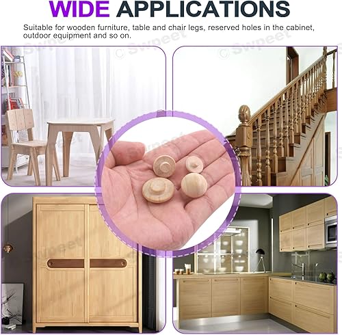 Miniatura 6 de Swpeet 140 tapones de botón de madera de 316 pulgadas, 516 pulgadas, 38 pulgadas, 12 pulgadas, tapones para agujeros de madera dura, juego de