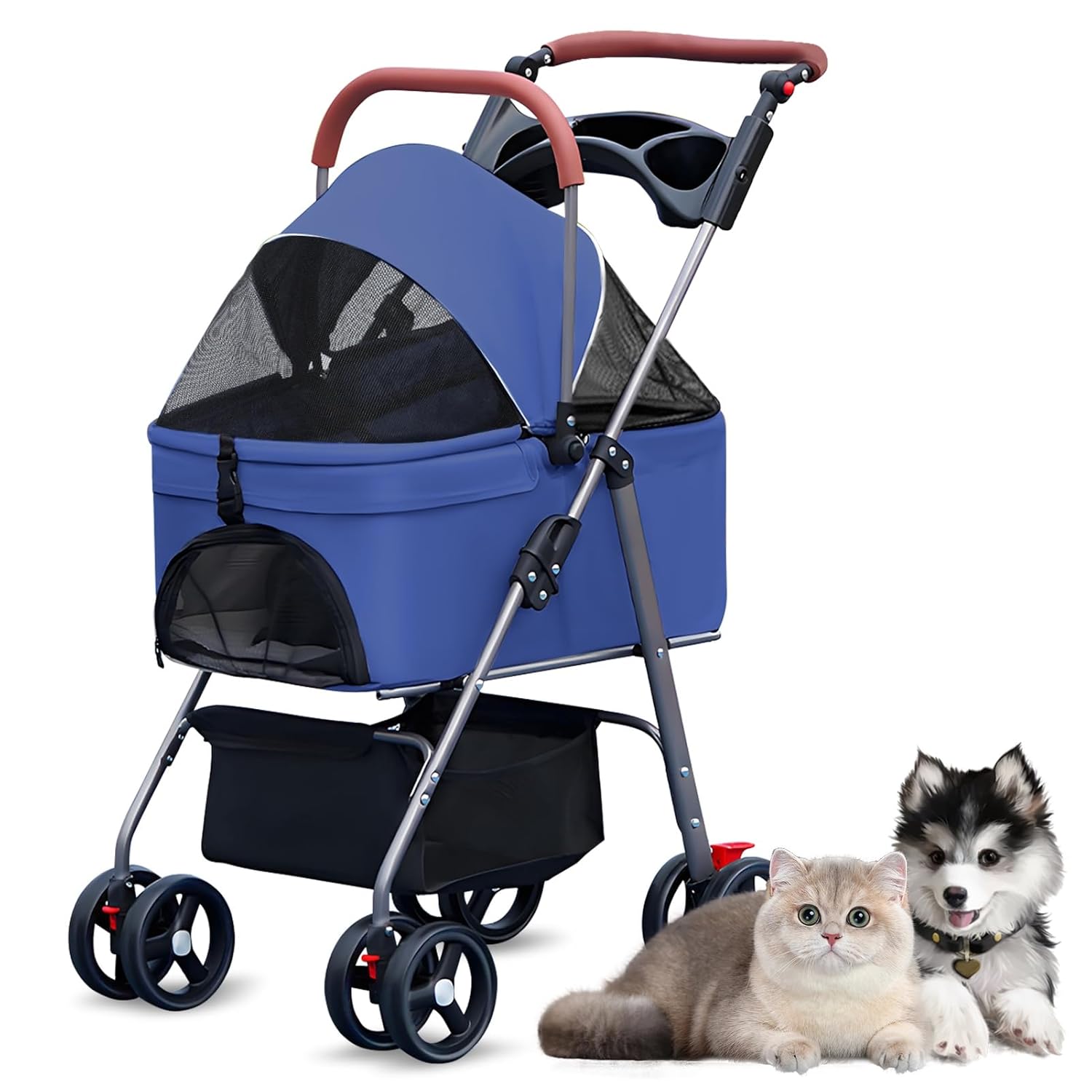 Pet Stroller, Folding Dog Strollers, 2 in 1 Pet Folding Stroller with 4 Wheels Dog Removable Travel Carrier for Small, Medium Pets 1 Set
