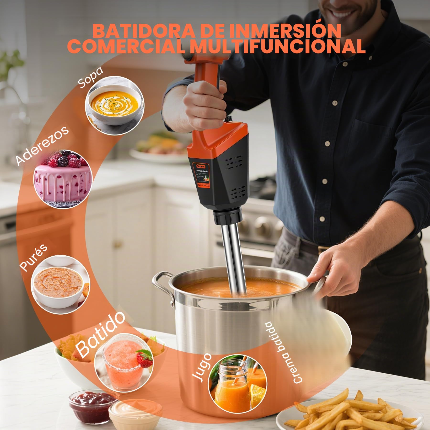 Huanyu Batidora comercial de inmersión de 750 W, batidora de mano resistente con eje de 530 mm, motor sin escobillas y velocidad variable de 3000 a 12 000 rpm.