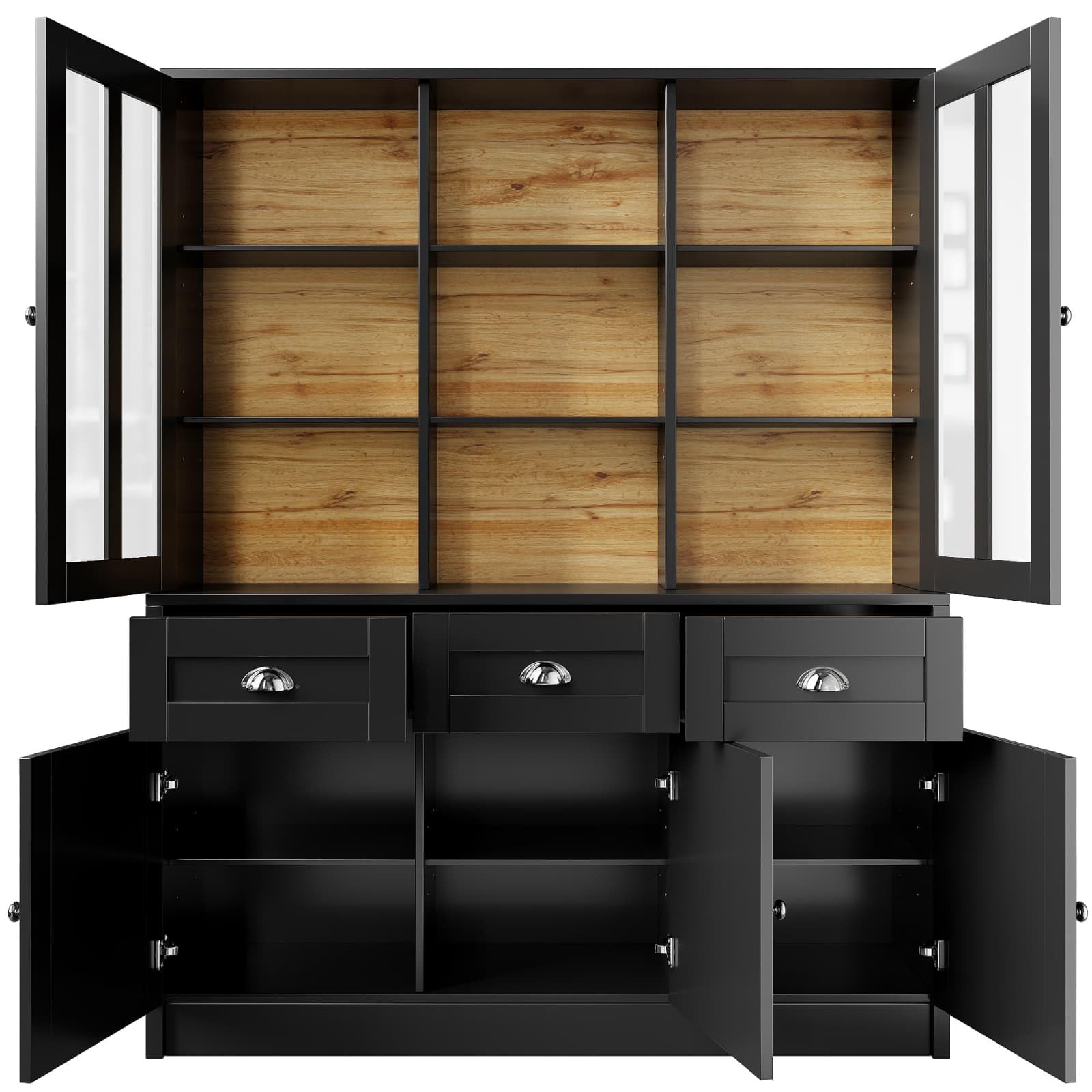 KOMHTOM Armoire de Cuisine 140 x 40 x 175cm, Vitrine, Armoire de Salle à Manger, Dispositif Anti-basculement, 3 Tiroirs, 5 Portes, Étagères Réglables (Noir)