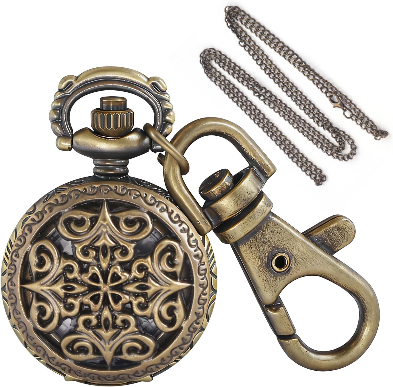 Tiong Vintage Bronze Symmetric Pattern Quartz Pocket Watch - Small Size with Keychain & Necklace Chain, Retro Engraved Pendant Watch Accessory for Men Women