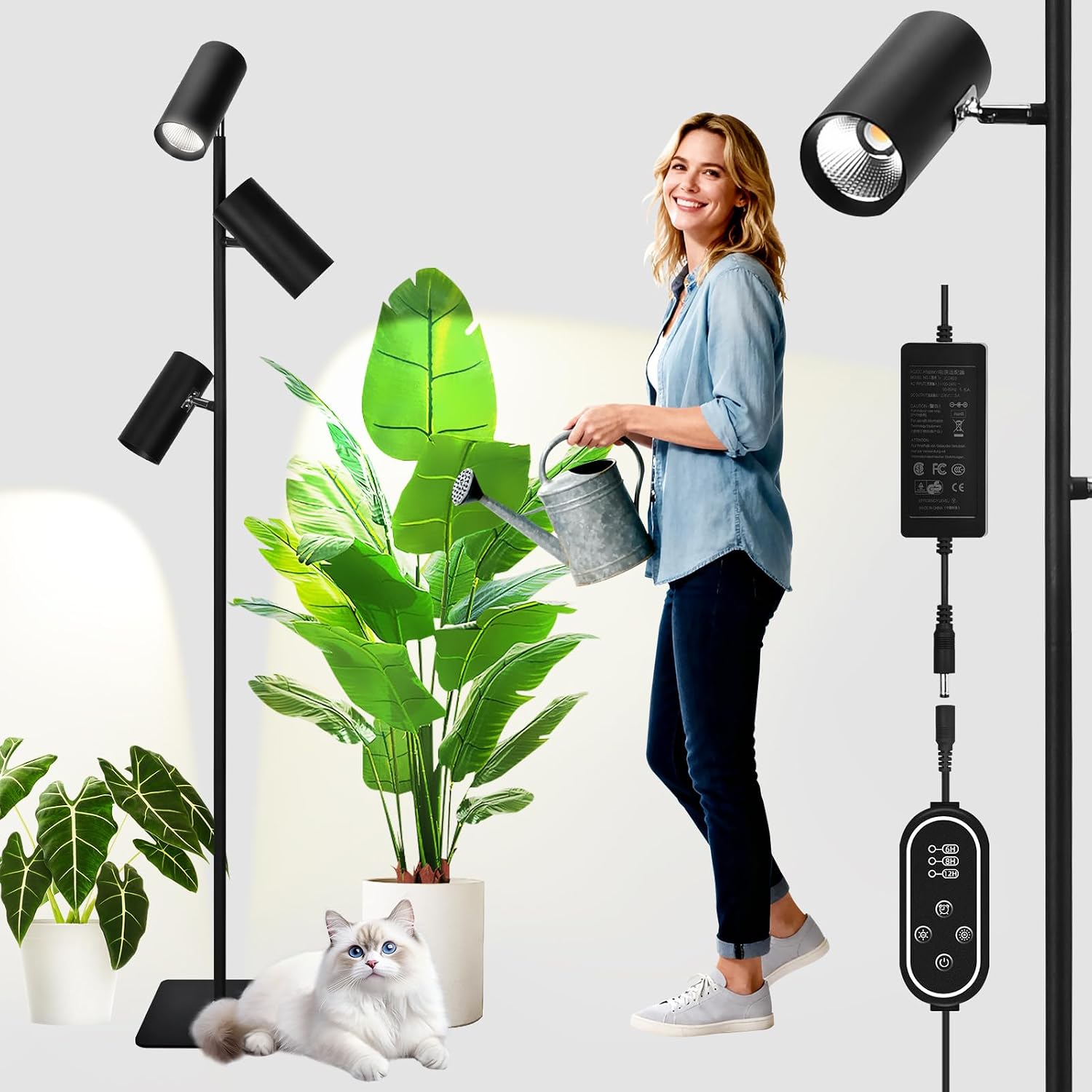 90W LED Grow Light for Indoor Plants, COB Full Spectrum Tall Plant Light with High PPFD & CRI 97, Dimmable, 6/8/12H Smart Timer, Triple-Head 43"-83" Standing & Angle, 4000K Warm White