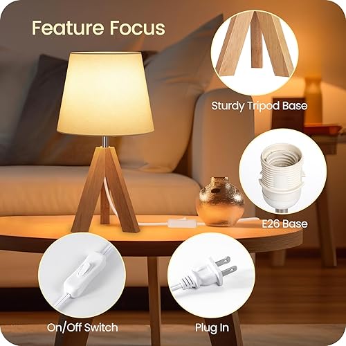 Miniatura 4 de Lámpara de mesa pequeña con trípode, moderna lámpara de mesita de noche con pantalla de tela, lámpara de escritorio de madera bohemia para