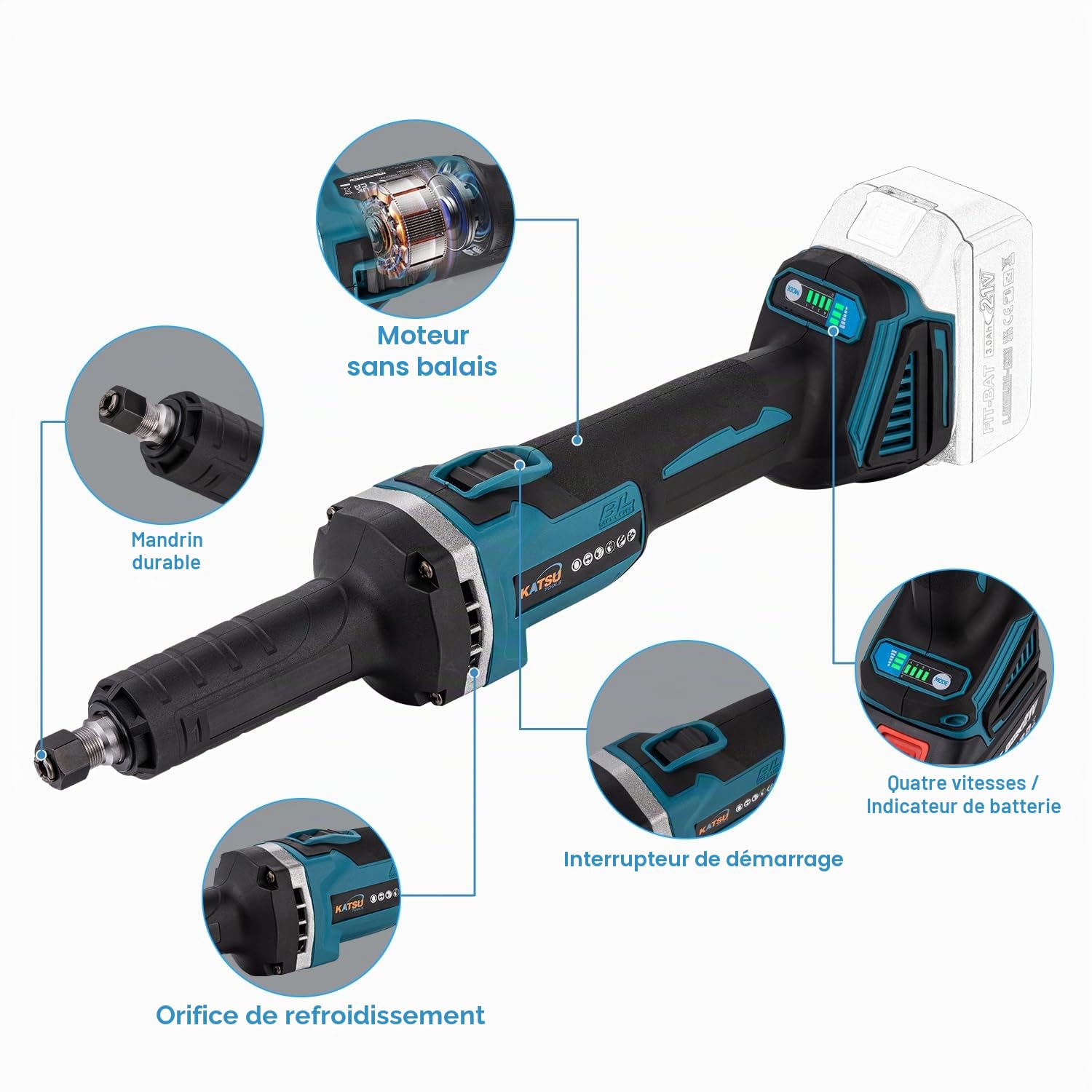 KATSU FIT-BAT 21V Brushless Meuleuse Droite sans Fil, avec Moteur sans Balais, Mandrin de 6mm et 4 Vitesses Variables, sans Batterie ni Chargeur 102319