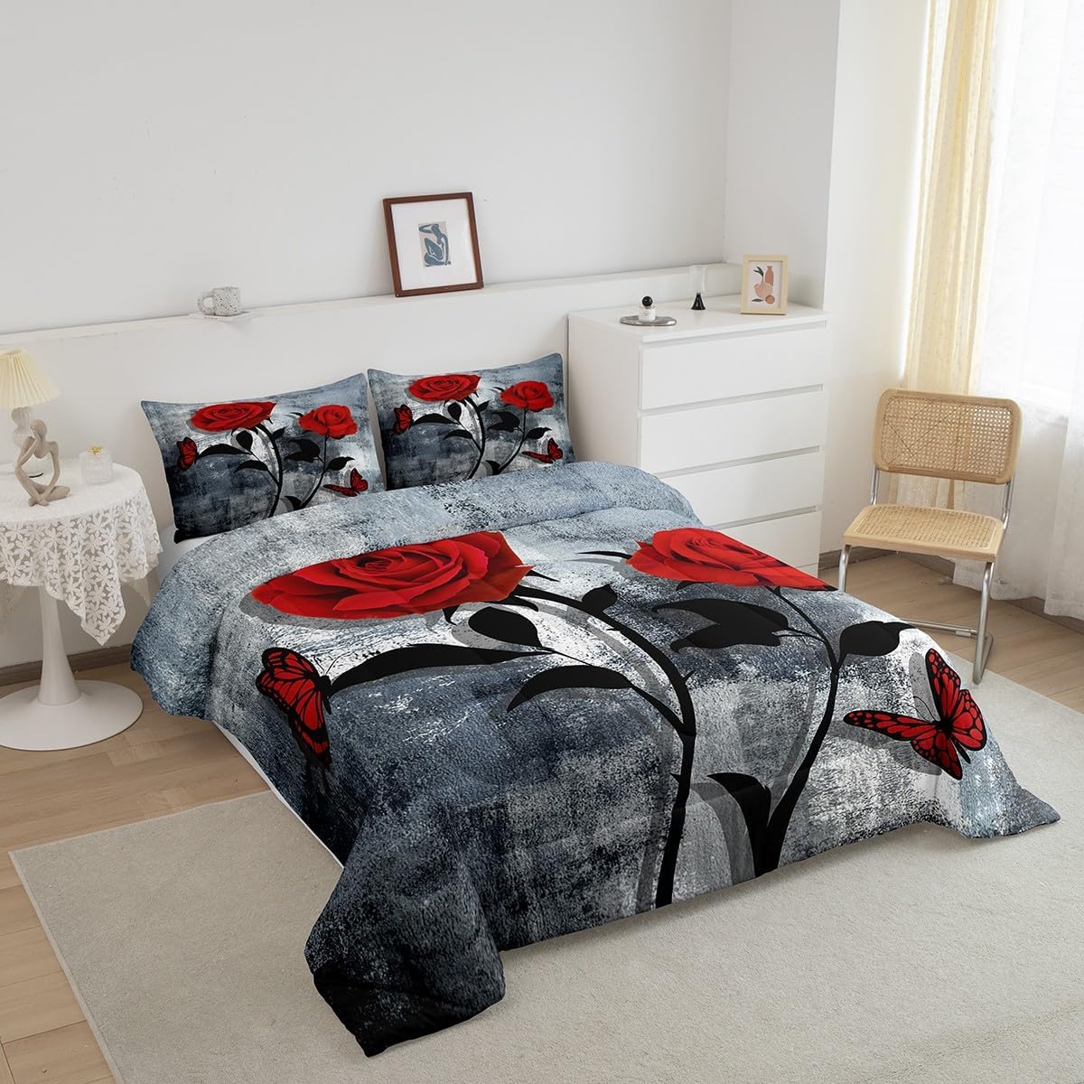 Erosebridal Rustic Rose Comforter Set for Kids Teens Youth,Grunge White and Grey Watercolor Ombre Duvet Insert,Romantic Red Rose Bedding Sets Full,Vintage Floral Quilt Comforter with 2 Pillowcases