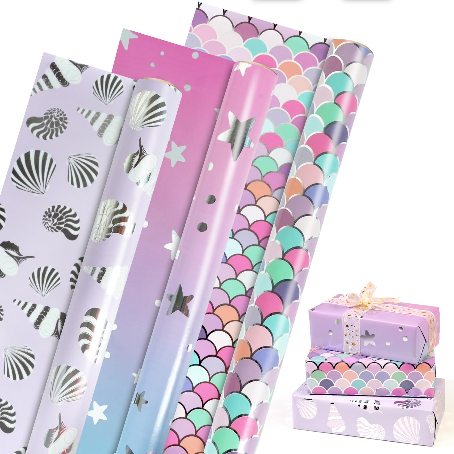 Birthday Wrapping Paper Rolls, Pink Purple Mermaid Gift Wrapping Paper Girls Women, Metallic Foil Shiny Wrapping Paper Rolls for Birthday Baby Bridal Shower Wedding, 3 Mini Rolls-17x118 Inch Per Roll.