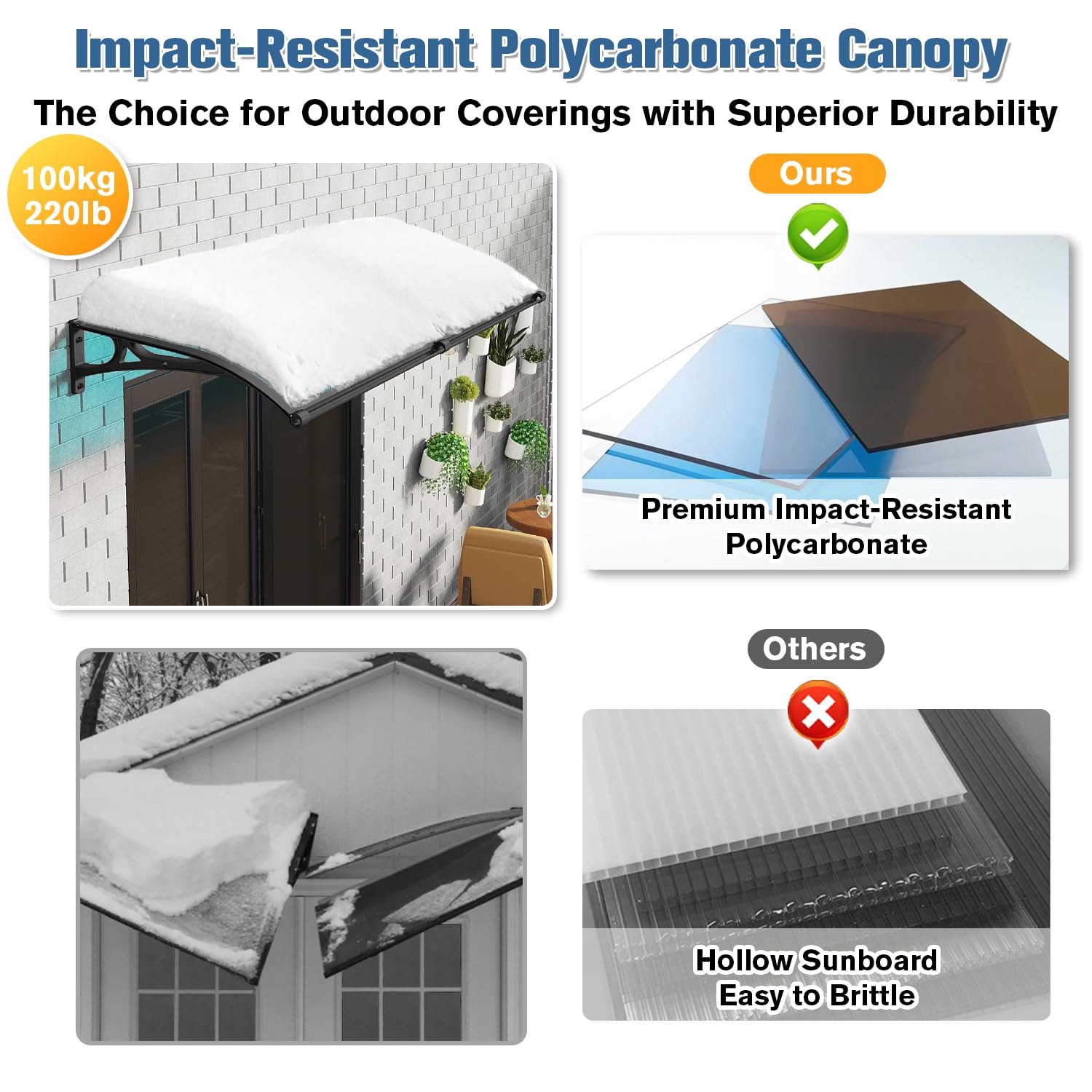Vordach für Haustür Türeingang, Fenstertürmarkisen außen mit Aluminiumhalterung aus Polycarbonatplatte, Türmarkise für Terrasse, Balkon, Veranda, UV-Schutz vor Regen und Schnee, Grau 60x220cm