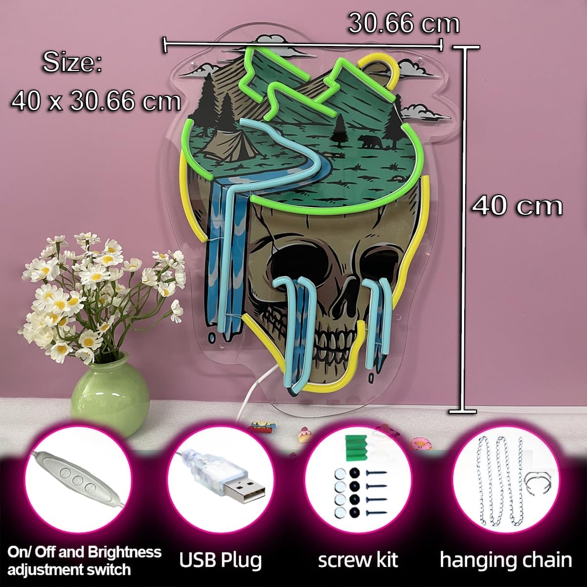 Warmthwish Mountain View Skull Neon Sign for Wall Decor Mountain Landscape Neon Light Pop Art Gifts for Family Office Wall Decor Aesthetic Wall Art