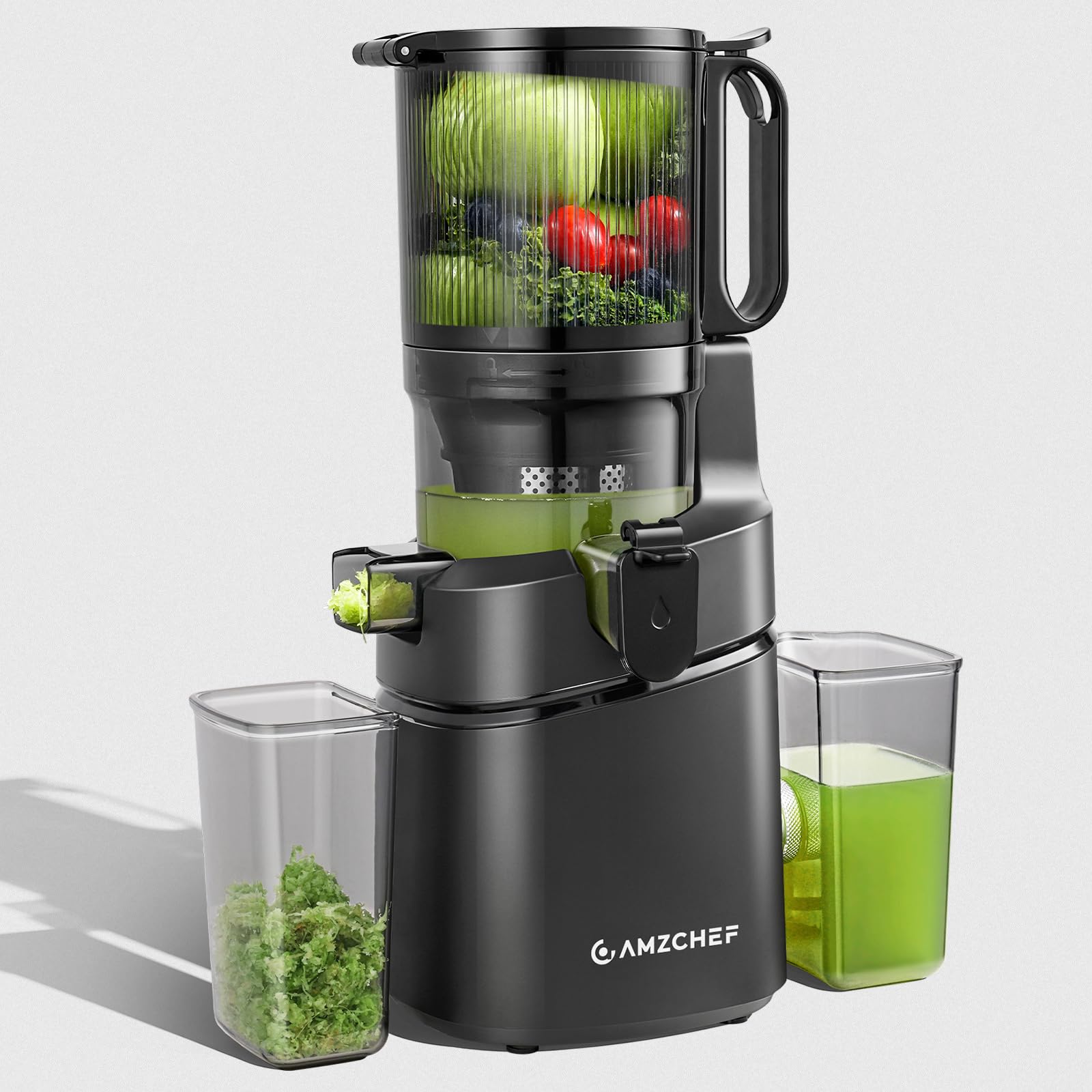 AMZCHEF Cold Press Juicer with 5.8" Large Feed Chute, Slow Masticating Juicer for Whole Fruits &amp; Vegetables, 3-Layer Strainer, Copper Motor, High Juice Yield, Easy to Clean, Black