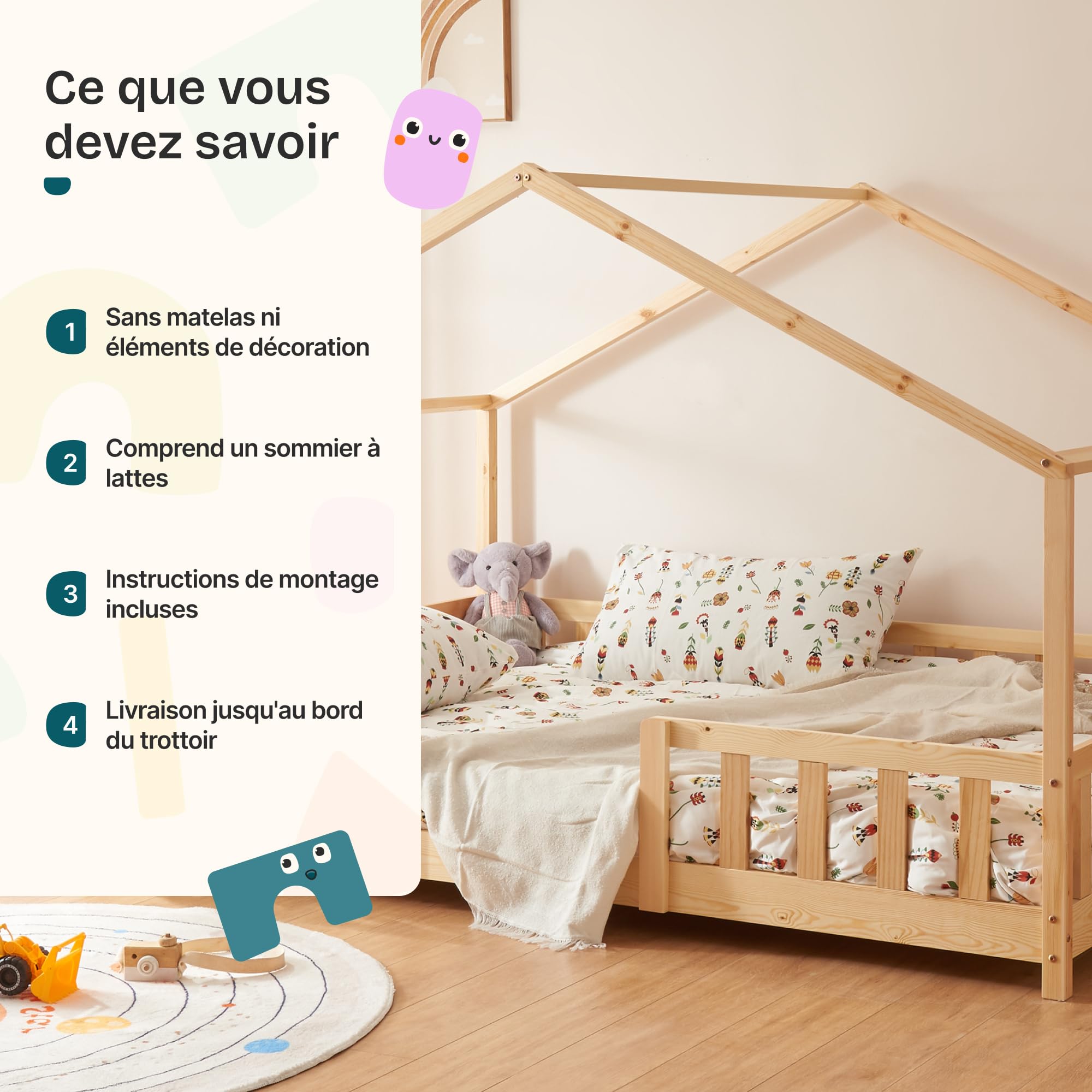 [en.casa] Lit d'enfant Cabane Treviolo 70 x 140 cm Lit Montessori en Forme de Maison avec Barrière et Sommier à Lattes Solide Style Scandinave Capacité de Charge 70 kg Bois de Pin Naturel