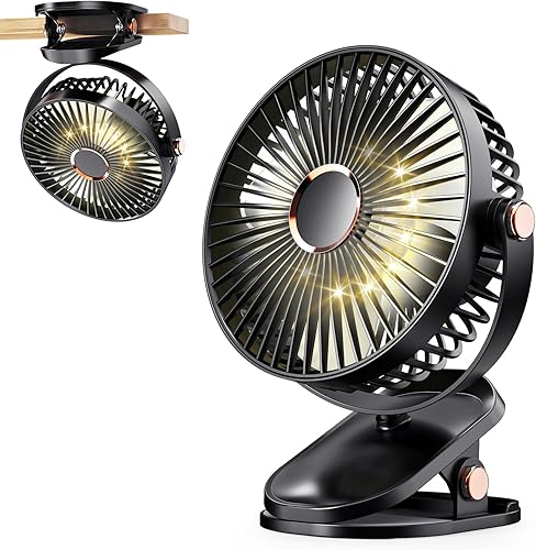 iNeibo Ventilador portátil con clip de 4000 mAh con luces LED, ventilador de escritorio USB a batería, mini ventilador de mesa recargable silencioso
