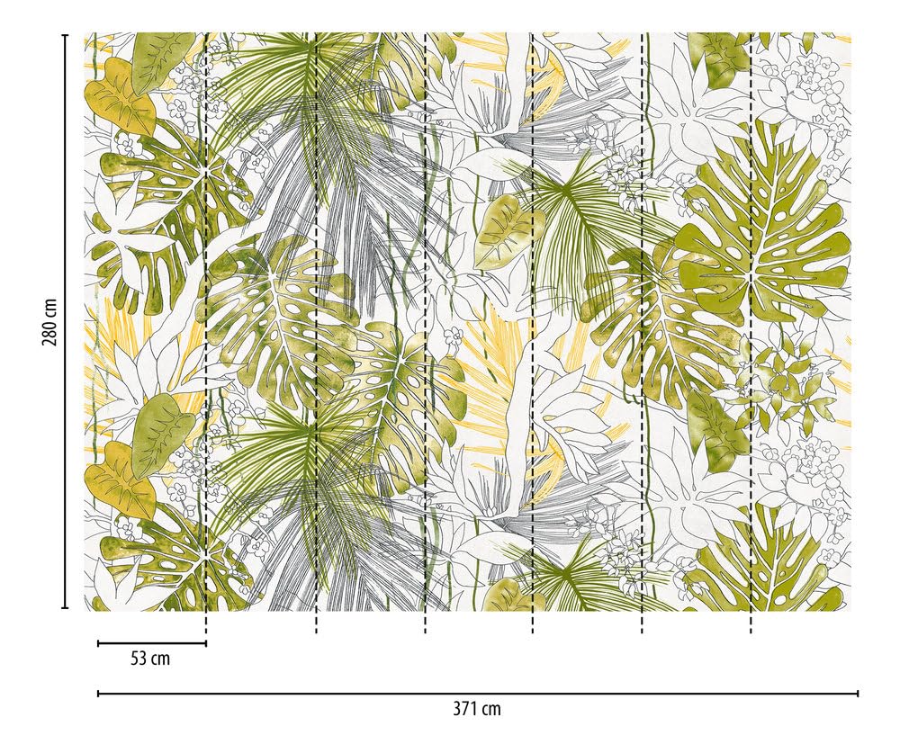 Livingwalls Tapeta z dżungli, zielona, biała, naturalna, fototapeta, liście 382321, nowoczesna tapeta na fizelinie 3,71 x 2,80 m, wyprodukowano w Niemczech
