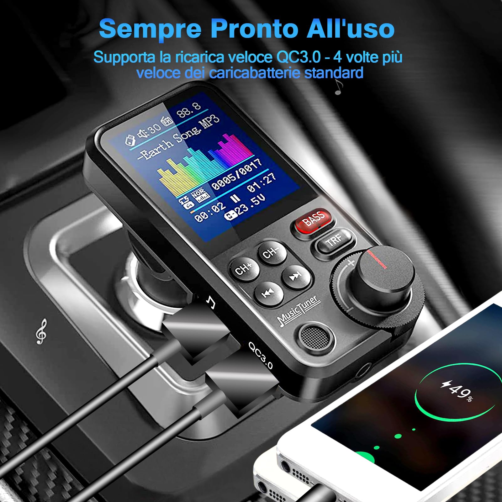 Bluetooth Auto FM Trasmettitore, Adattatore Musica Accendisigari per Autoradio, Supporto QC3.0 per Ricarica Rapida USB, Lettore MP3, Bassi Profondi, Display da 4.5CM