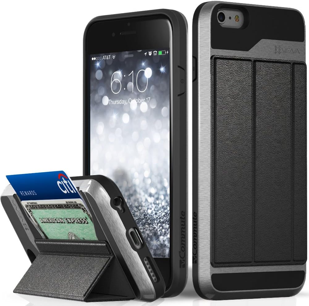iPhone 6S Plus Wallet Case, Vena vCommute Drop Protection Flip Leather Cover Card Slot Holder with Kickstand for Apple iPhone 6 Plus 6S Plus (Space Gray, Black)