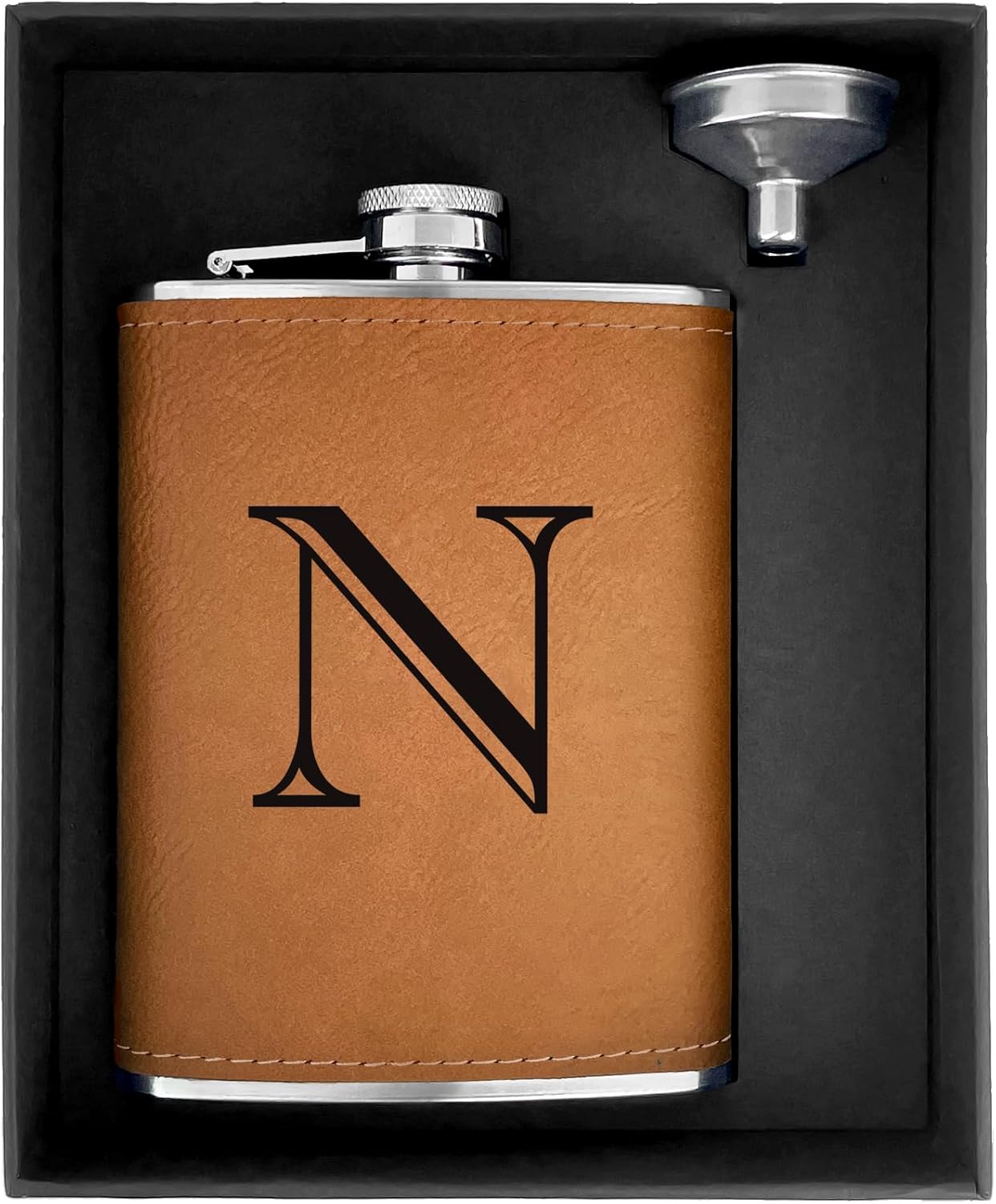 CARAKNOTS Hip Flask for Men Leather Engraved Drinking Whiskey Flasks for Liquor with Initials Stainless Steel with Funnel 8 oz Personalized Christmas Birthday Gifts for Dad Him Letter N