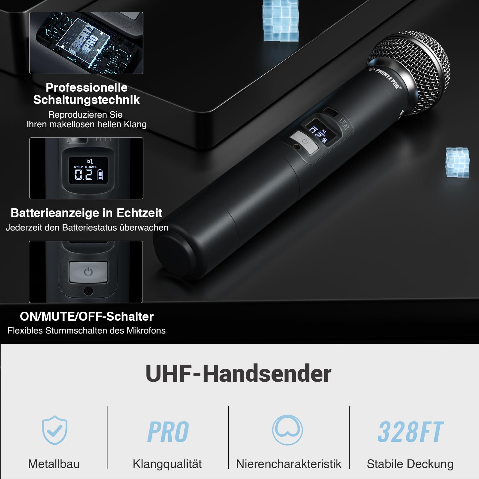 Phenyx Pro Drahtloses Mikrofonsystem, Dynamisches Funkmikrofon, 2x100 Einstellbare UHF Dual, Auto Scan, 328ft Reichweite, Für Gesang, Karaoke, Kirche (PTU-71A)