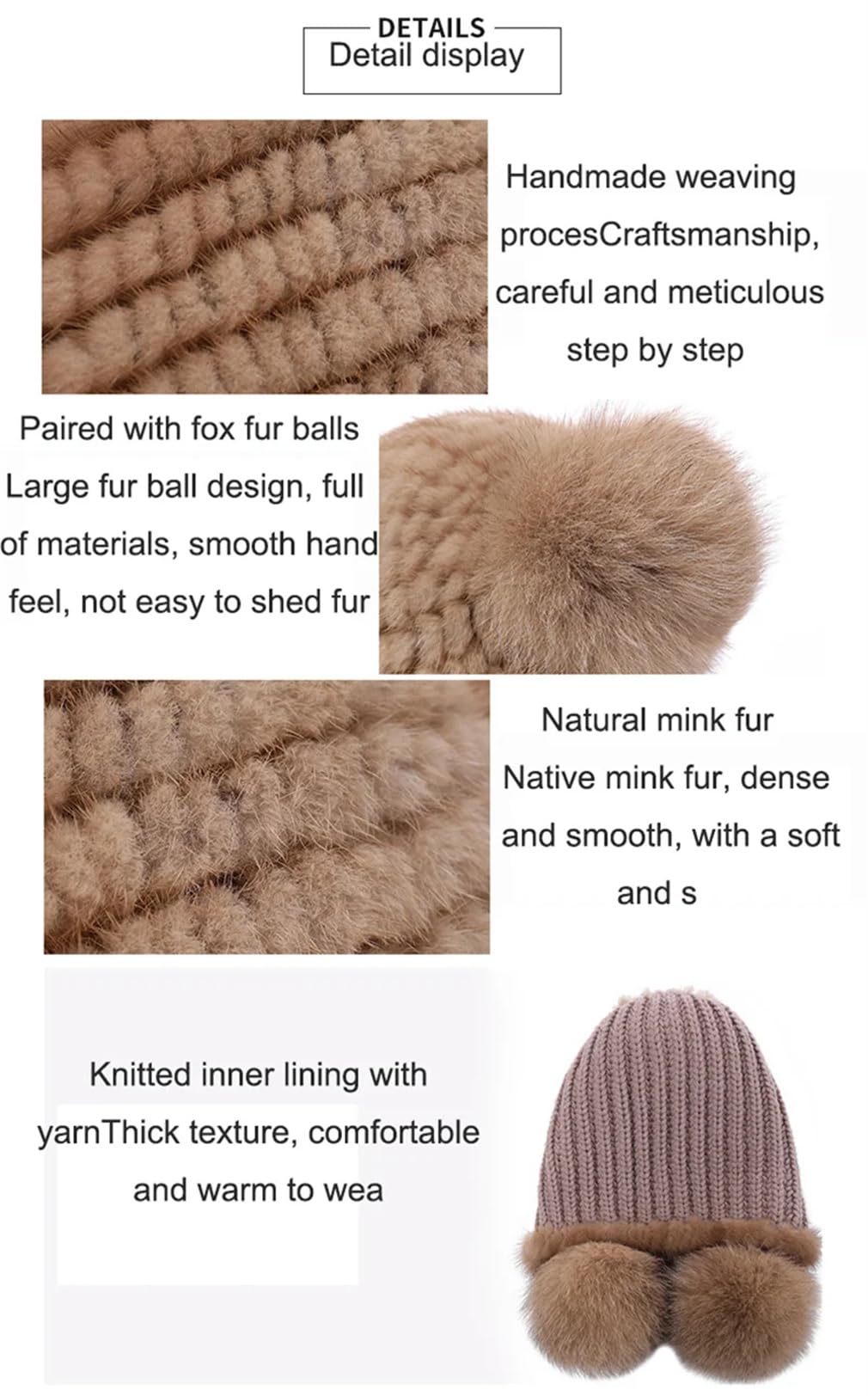 Cappello da donna invernale lavorato a maglia, berretto russo con pompon spesso berretto da sci da neve cappelli elastici