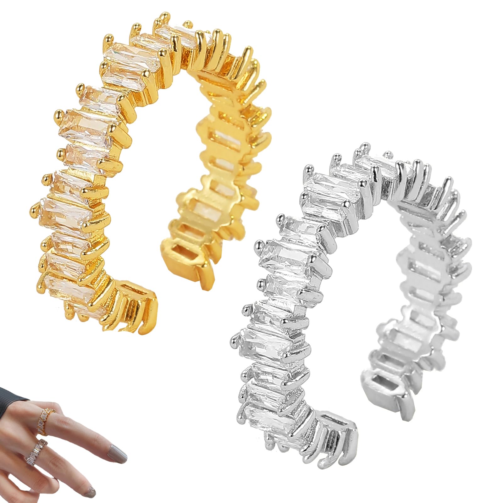 SwirlColorAnillo cristales de circonita cúbica, 2 piezas anillos mujer plata y oro ajustables anillo de eternidad rectangular brillante, anillo abierto para mujeres y niñas regalo