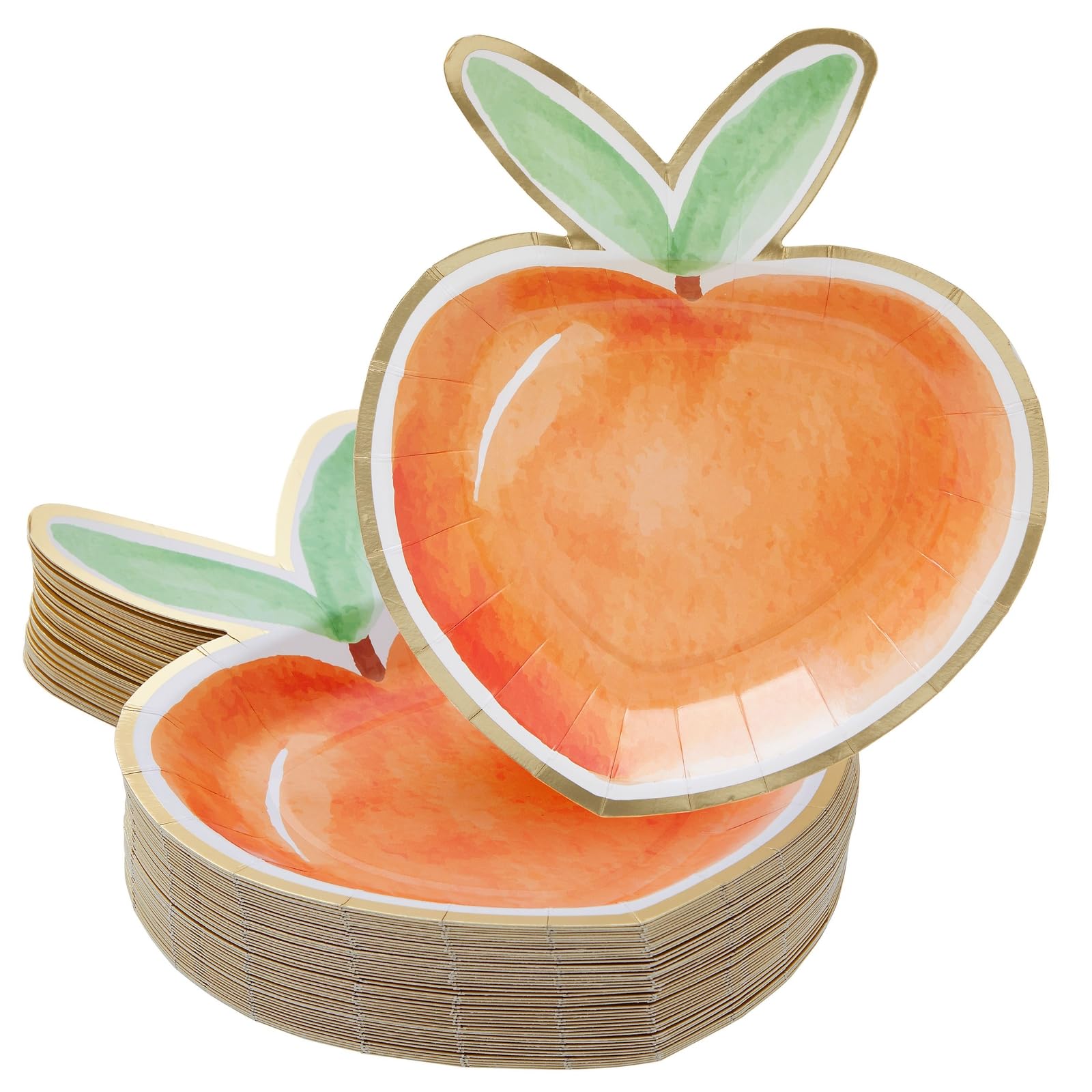 48 Pack Peach Paper Plates with Die-Cut Design and Gold Foil Border for Peach Themed Party Decorations (7 in)