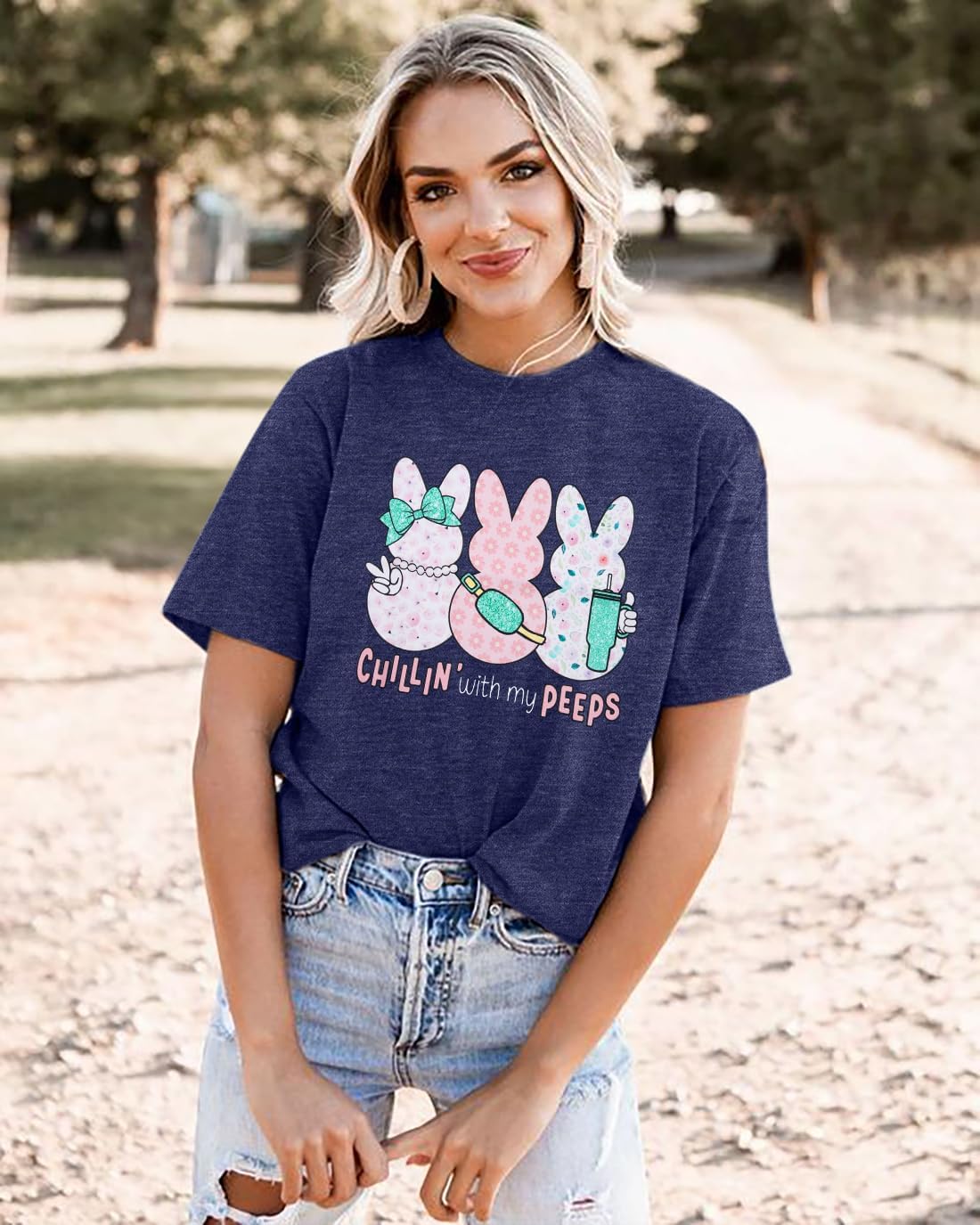 Women Chillin'with My Peeps Shirt Easter Shirt Funny Bunny T-Shirt Cute Rabbit Tee Tops Easter Day Gift - Image 3