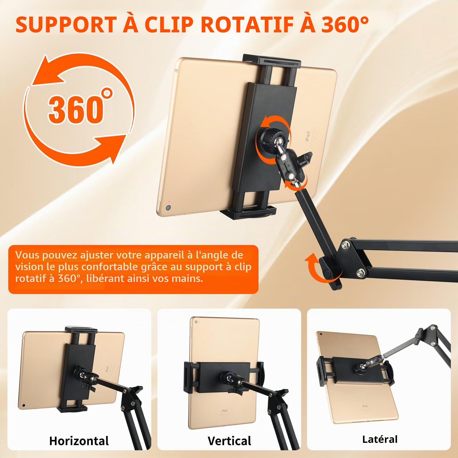 Support de tablette mains libres pour lit avec bras long réglable – Support pliable en métal pour Kindle, tablettes, iPad et téléphone portable, design caché, n'endommage pas les meubles (NB