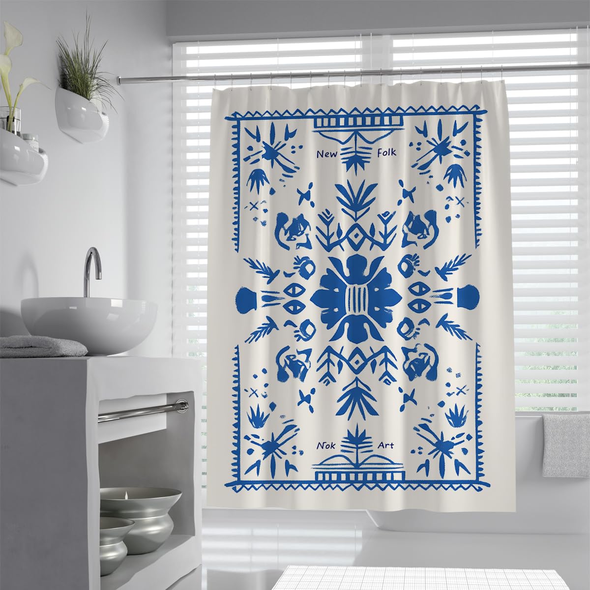 UERWOWELL Modern Countryside Shabby Chic Shower Curtain Symmetrical Floral Blossom Restroom Decoration Scandinavian Azure Blue Bath Curtains W180xL200 cm