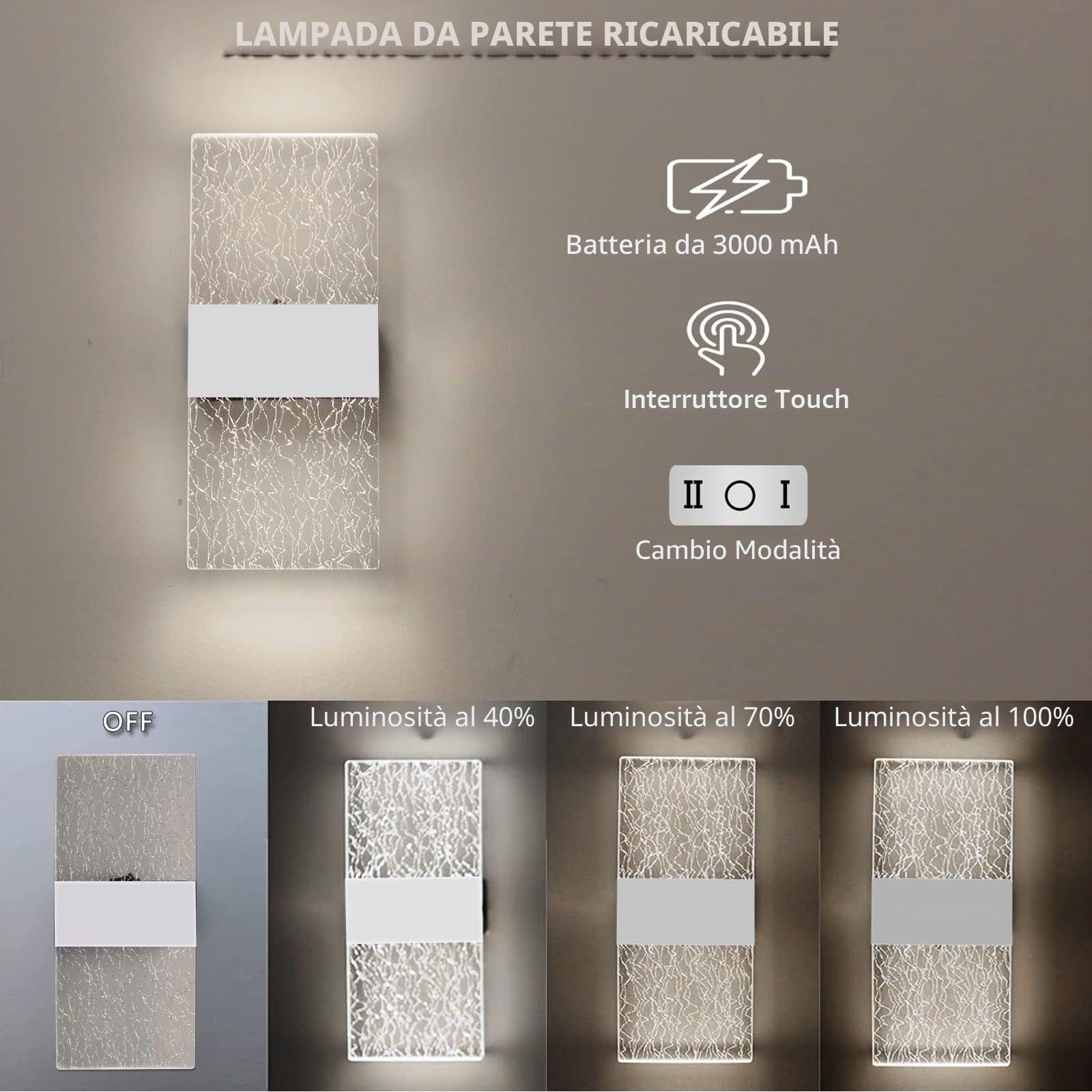 VOMI Applique da Parete Interno a Batteria con Interruttore e Porta di Ricarica USB, 2 Pezzi Bianco Lampada da Parete LED Senza Fili Ricaricabile Luce Magnetica, 3 Luminosità Regolabili, 6000K