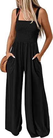 KIRUNDO Womens Jumpsuit 2026 Summer Casual Loose One Piece Overalls Smocked Sleeveless Wide Leg Rompers With Pockets