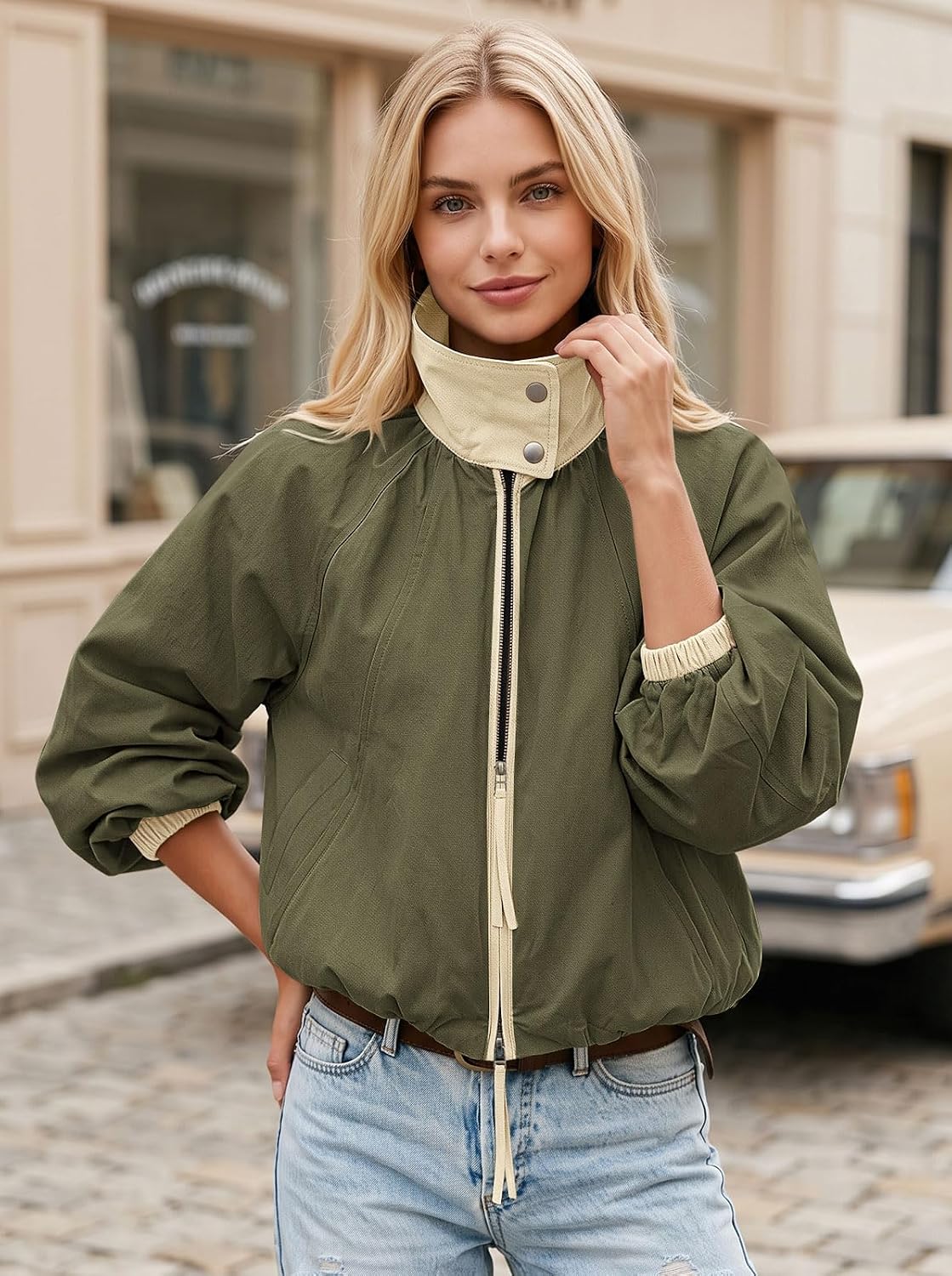 Womens Bomber Jacket Puffed Collar Trench Coat Funnel Neck Cropped Jackets image 3