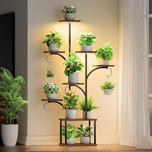 Soporte para plantas con luces de crecimiento, 59 pulgadas de alto, estante iluminado para plantas de metal en forma de árbol de 8 niveles para