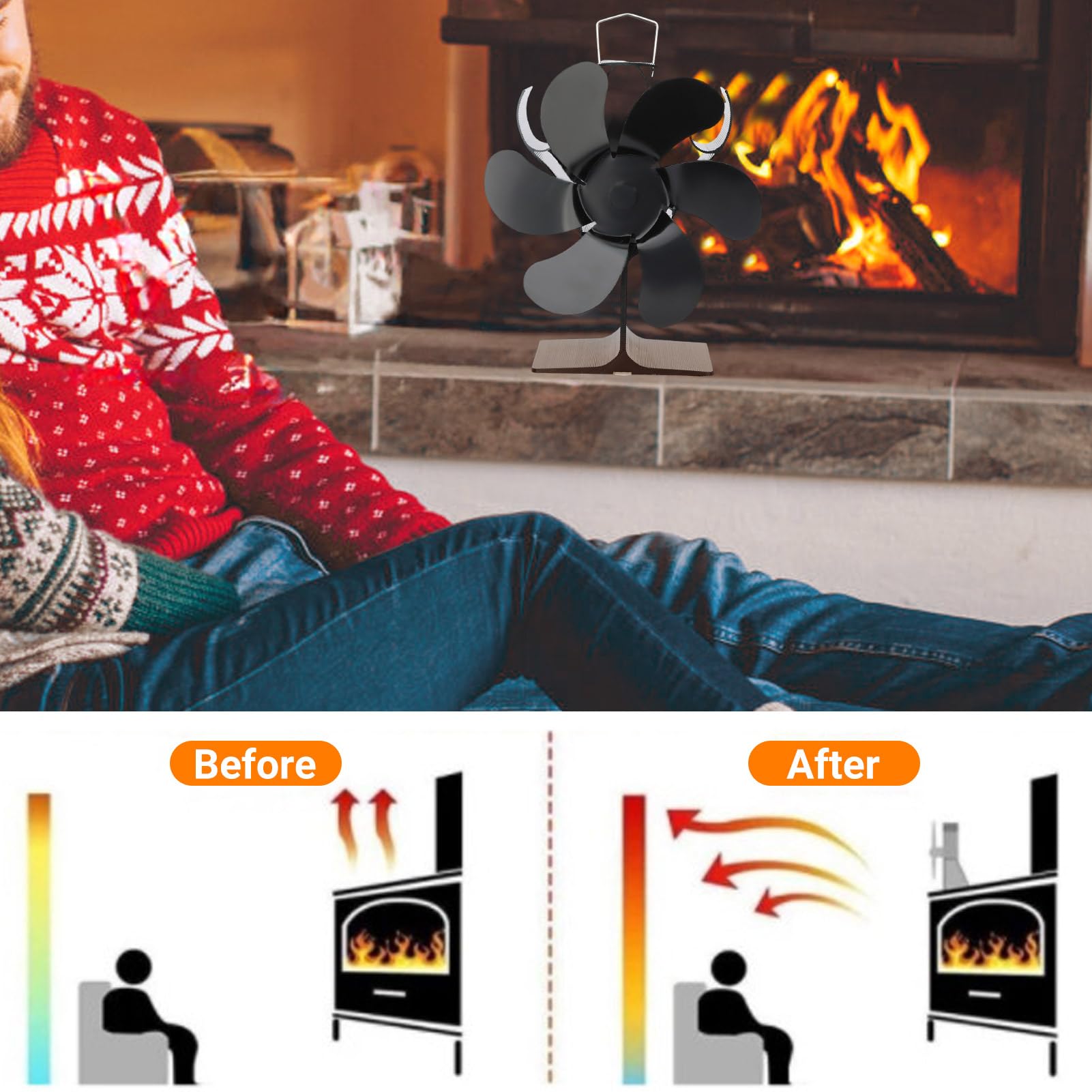 Houtkachelventilator Warmte-aangedreven Kachelventilator 6 Bladen Open Haardventilator 360 ° Roterende Houtkachelventilator Thuis Efficiënte Winterwarme Warmteverdeling Energiebesparende kachelventila