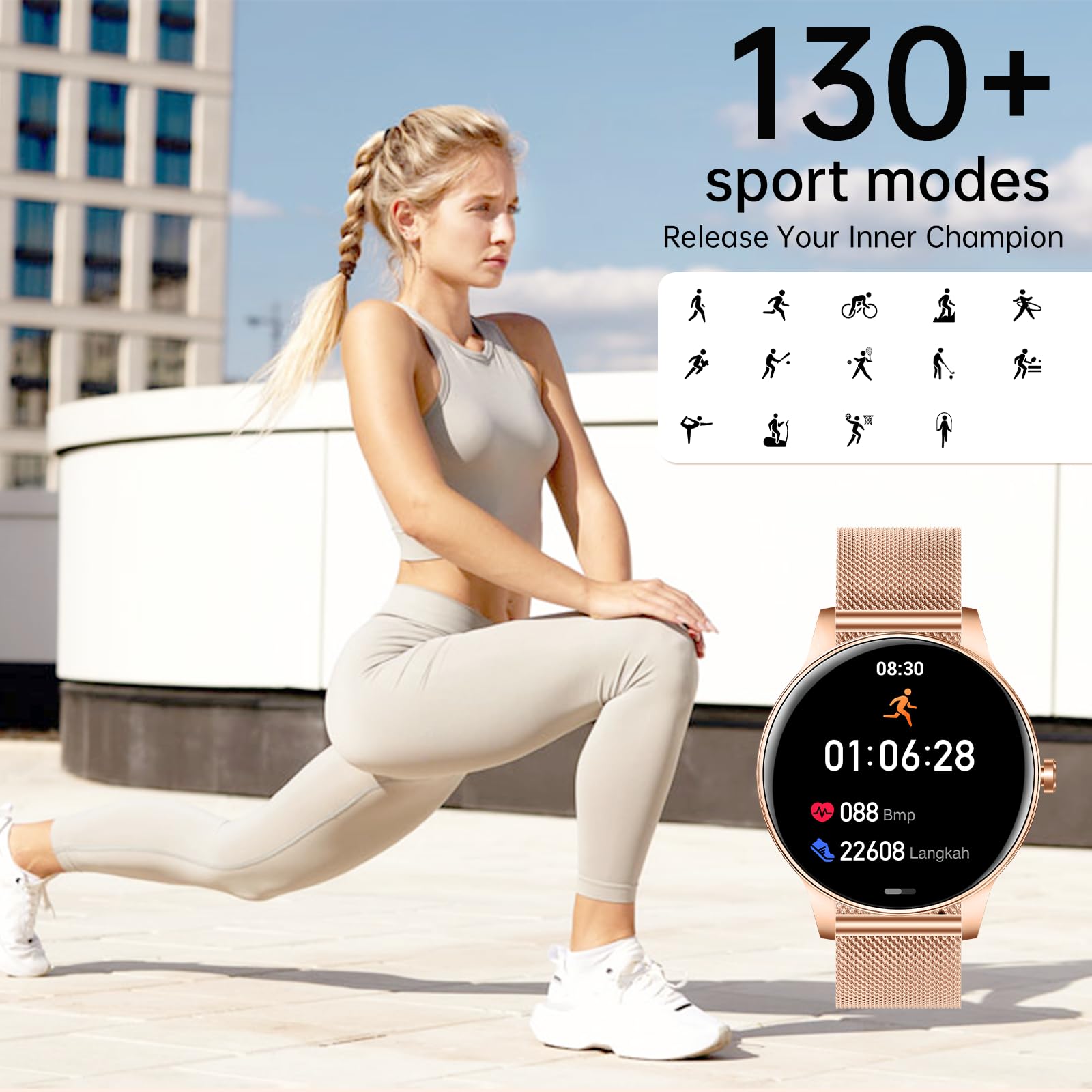 Smartwatch für Damen (Annehmen/Tätigen von Anrufen), 3,2 cm (1,25 Zoll) HD-Bildschirm, Fitness-Tracker mit Herzfrequenz-/Schlafmonitor, 130+ Sport-Modi, IP68 wasserdicht, Aktivitäts-Tracking