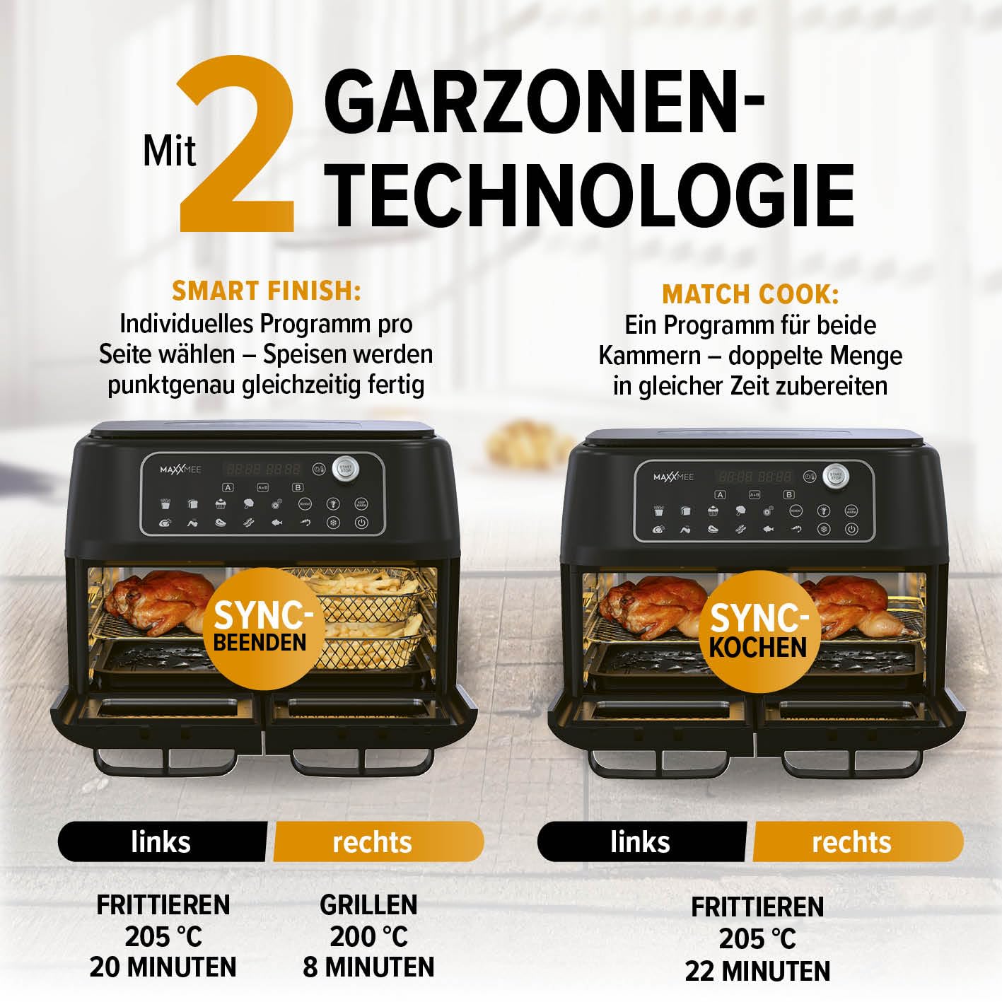 MAXXMEE Heißluft-Fritteuse Doppelkammer 11 Liter | Clevere Kombination aus Heißluftofen, Grill & Fritteuse mit 2 XXL-Frittierfächern mit je 5,5 Litern | Digitales Bedienfeld und Sichtfenster