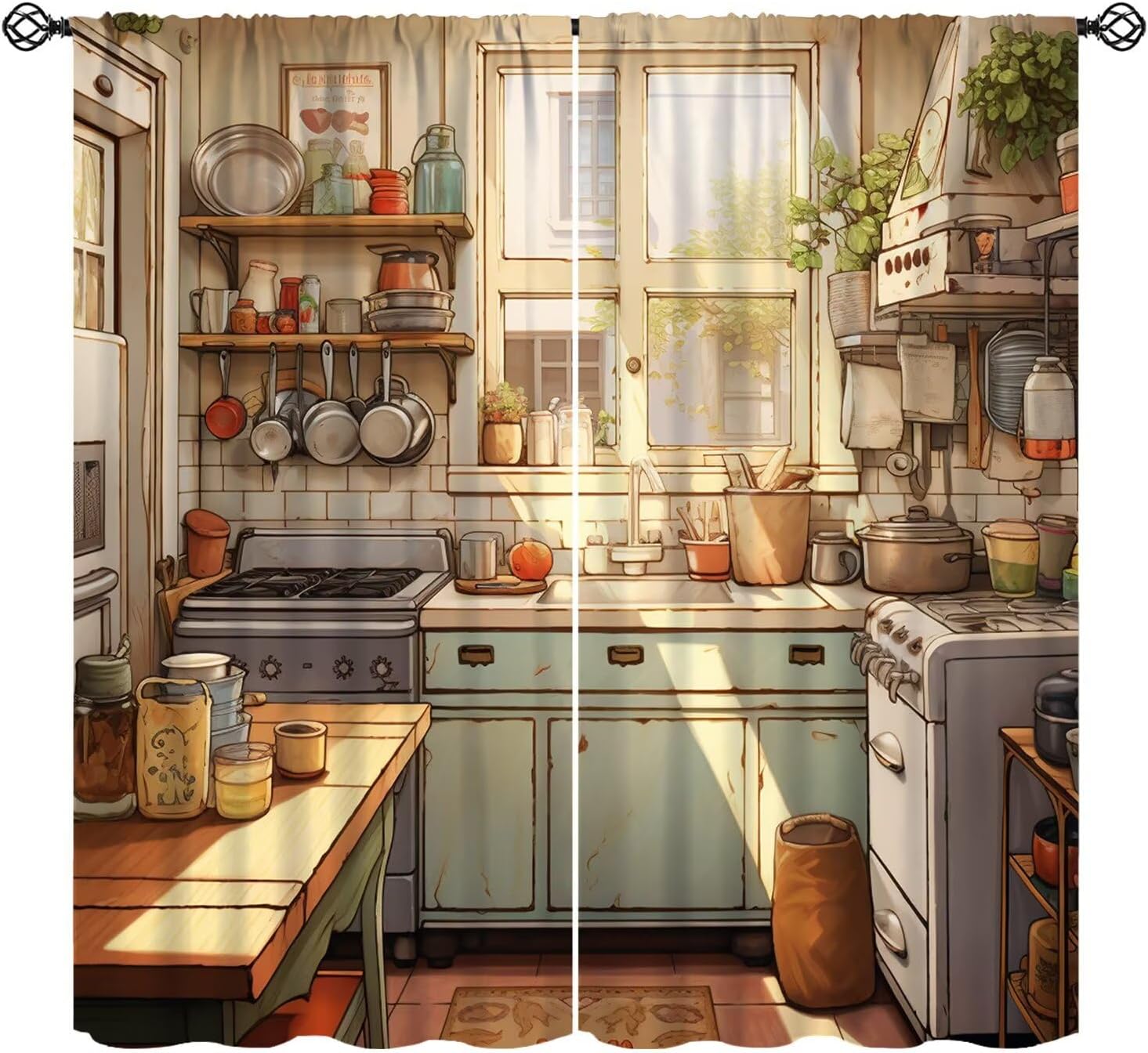 Rustic Farmhouse Kitchen Curtains Cartoon Country Farmhouse Vintage Pattern Window Drapes for Bedroom Living Room Kitchen Cafe （W20xL45 Inch） x2 Decor