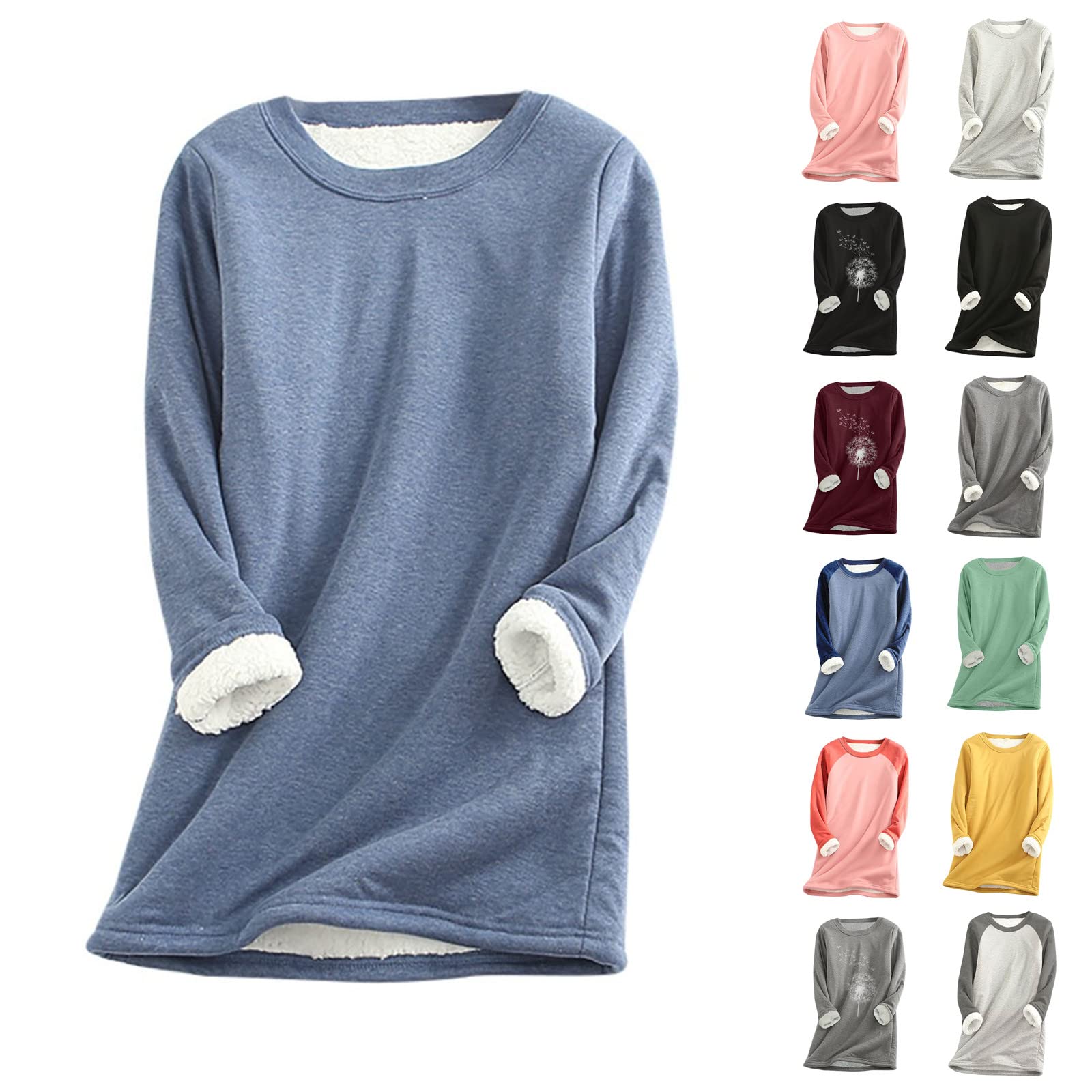 Womens Fall Winter Warm Thick Fleece Shirts, Long Sleeve Crewneck T Shirt - Wool Velvet Tee Thermal Underwear Tops, A-mint Green
