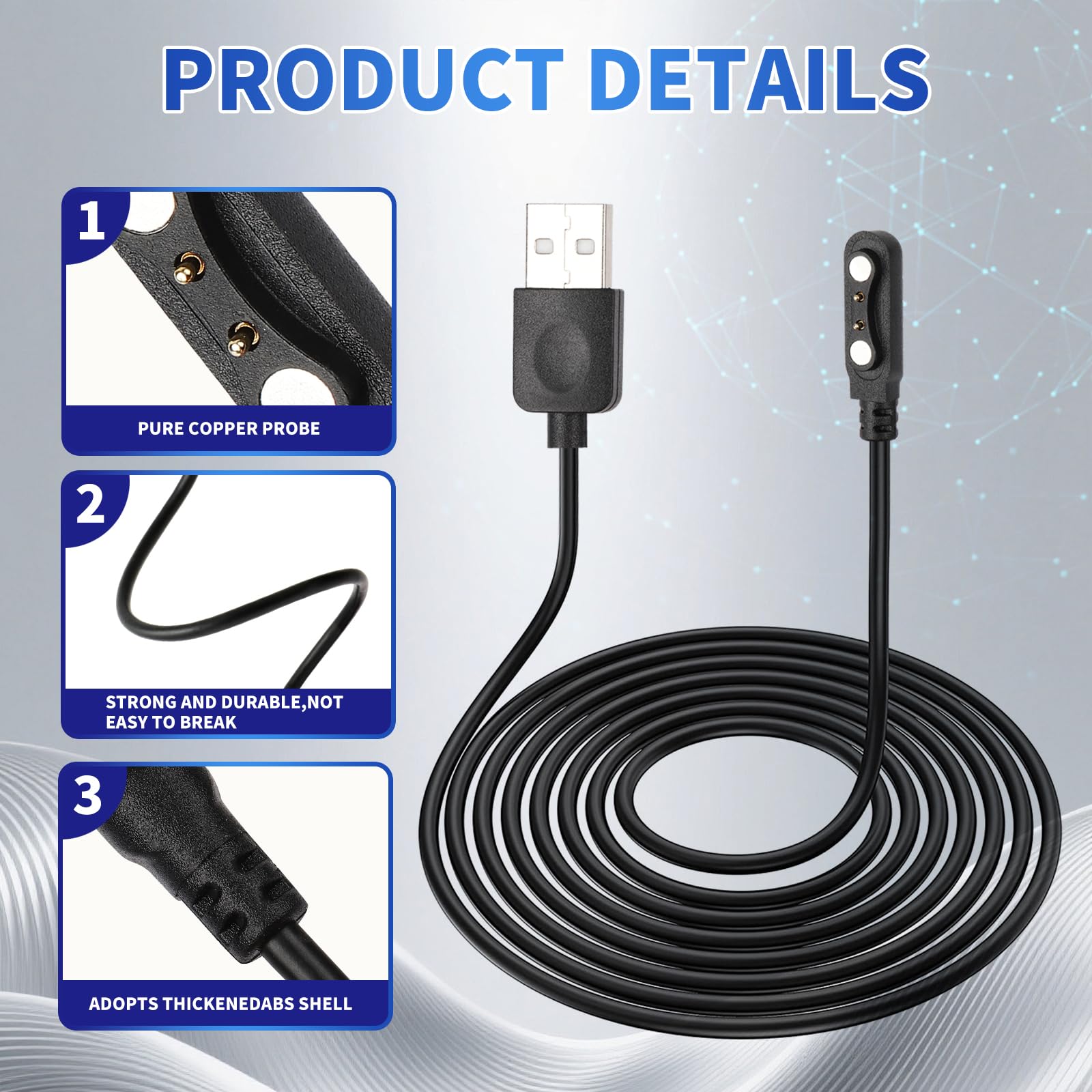 Cable de carga de reloj inteligente, cable de 2 pines, cargador de repuesto para reloj inteligente, rastreador de fitness, espaciado de pines de contacto del cargador, compatible con 4 mm (1)