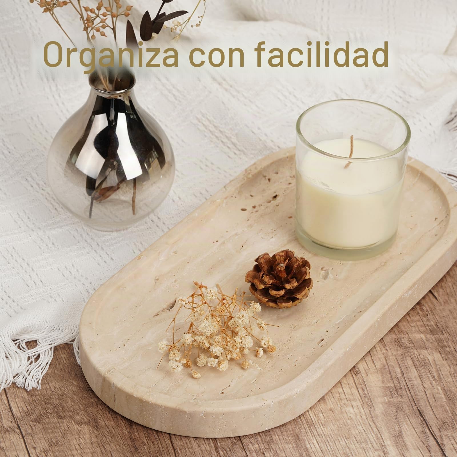 Koville Bandeja de travertino turco de lujo, bandeja decorativa de tocador de 12 pulgadas, decoración Wabi Sabi para el hogar, organizador de encimera, bandeja para perfume, velas, plato de joyería