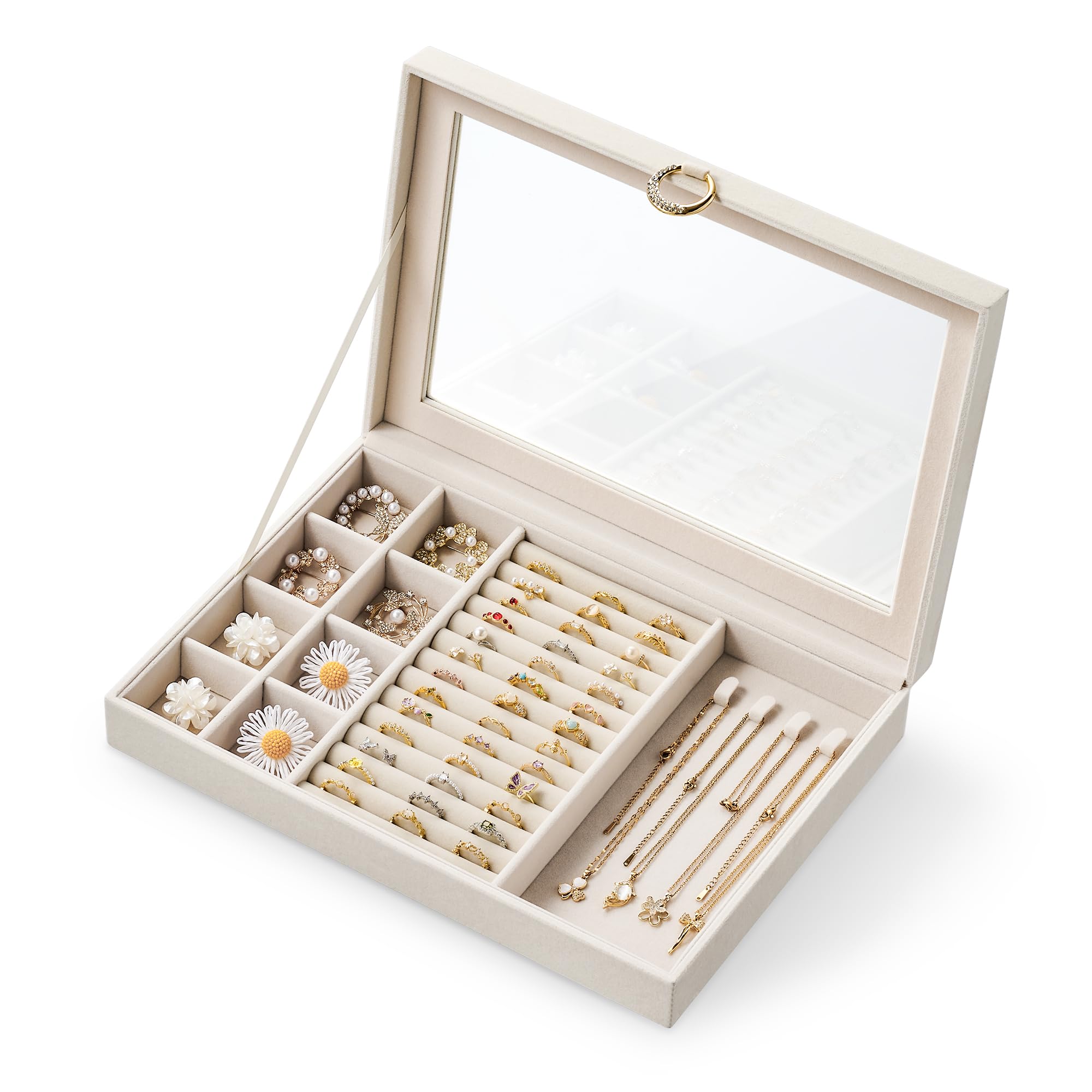 Glass Lid Jewelry Organizer Box Beige Velvet Jewelry Case with Ring Slots Necklace Hooks Removable Compartments for Earrings