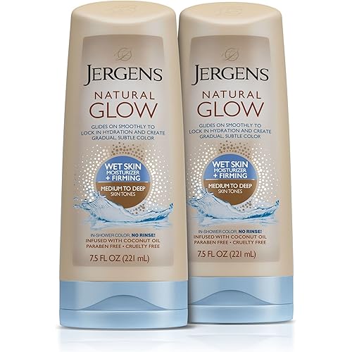 Jergens Natural Glow +FIRMING In-shower Self Tanner Body Lotion, Sunless Tanning for Medium to Tan Skin Tone, Anti Cellulite Firming Moisturizer, Gradual Fake Tan, 7.5 Ounce (Pack of 2)