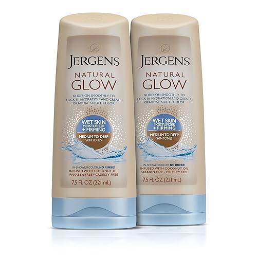 Jergens Natural Glow +FIRMING Loción corporal autobronceadora en la ducha, bronceado sin sol para tono de piel medio a bronceado, hidratante