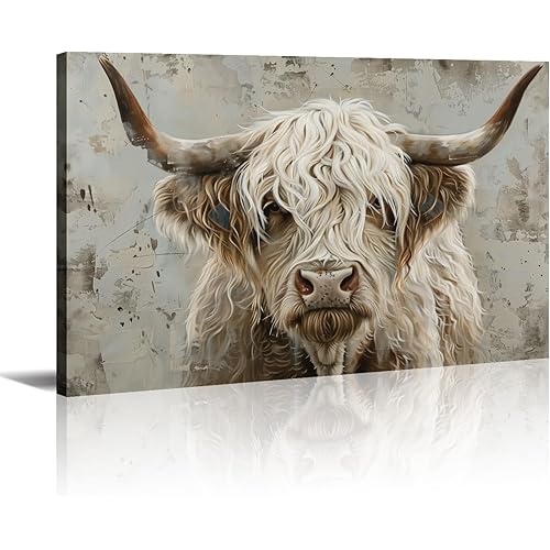 Highland Cow Canvas Wall Art Farmhouse Country Prints Western Cattle Pictures Farm Animal Painting Vintage Artwork for Living Room Kitchen Home Wall Decor Framed - 20.00x30.00 inch